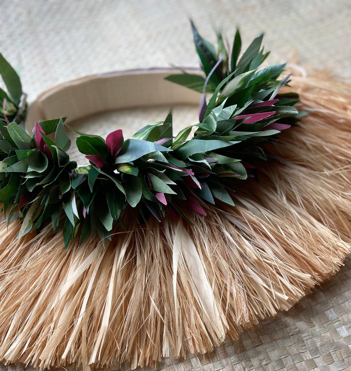 Layered Half Hip Hei Plum Silk Ti Leaf & Hau Performance Quality Reversible Belt Ori Tahiti Hula Kahiko Polynesian Dance Beach Wedding