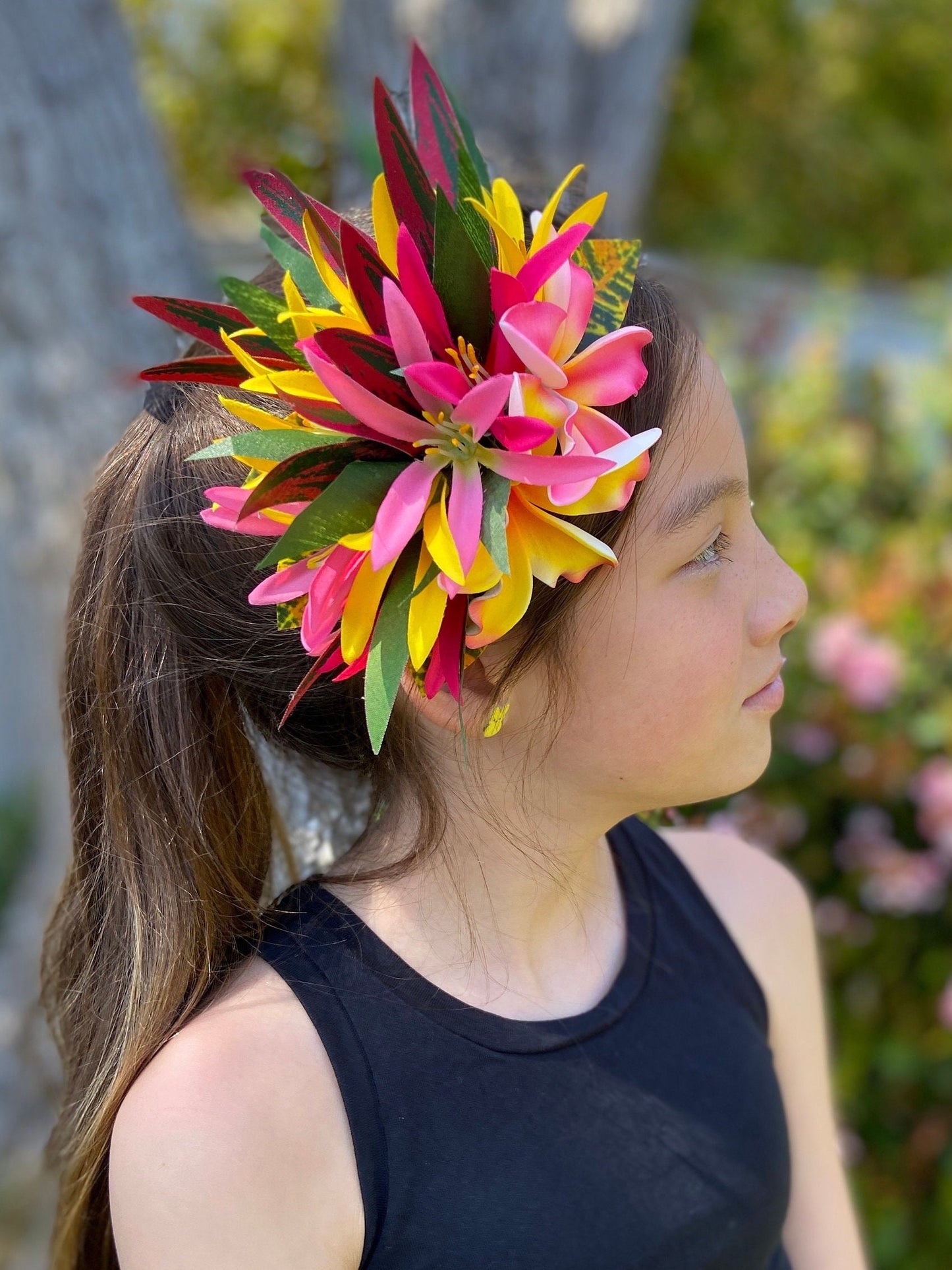 Hawaiian Hair Clip Tahitian Adornment Aparima Ahuroa Statement Piece Sunrise Sunset Twin Plumeria Vintage Tropical Elegant Hair Pin