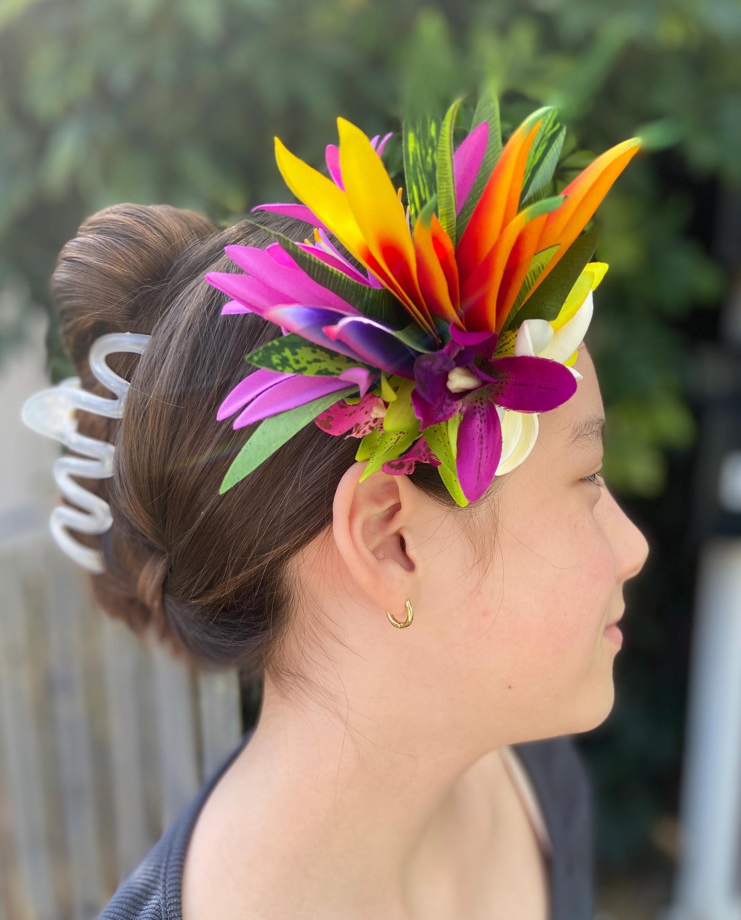 Hawaiian Hair Clip Tahitian Costume Hair Adornment Real Touch Plumeria Orchid Bird of Paradise Artificial Ti Leaf Tropical Hair Pin