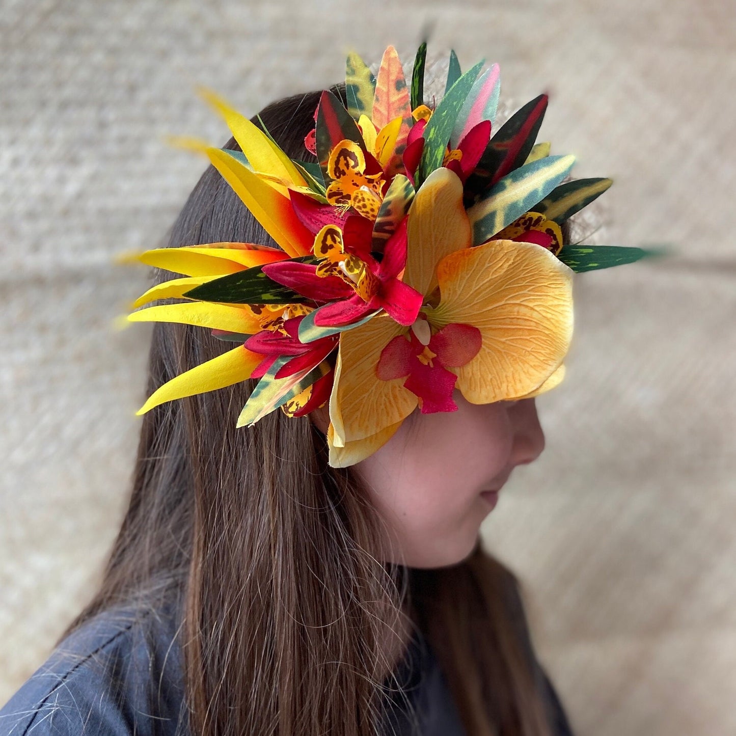 Hawaiian Flower Hair Clip Tahitian Costume Accessories Orchids & Heliconia Artificial Ti Leaf Tropical Hairpin for Aparima Ahuroa Otea Solo