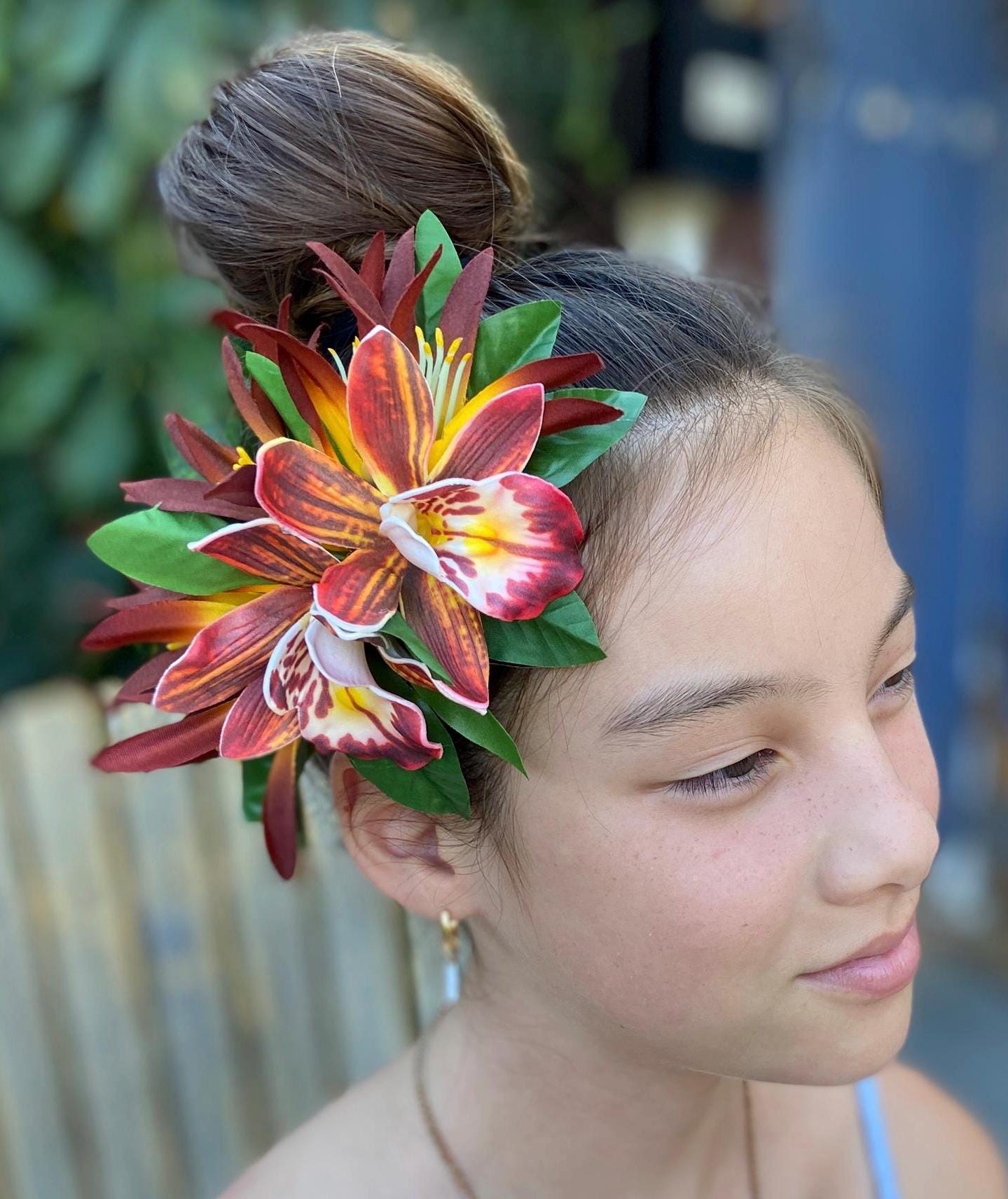 Royal Hawaiian Orchid Hair Clip Tahitian Headdress Costume Aparima Ahuroa Statement Piece Spider Lily Floral Artificial Ti Leaf Hairpin