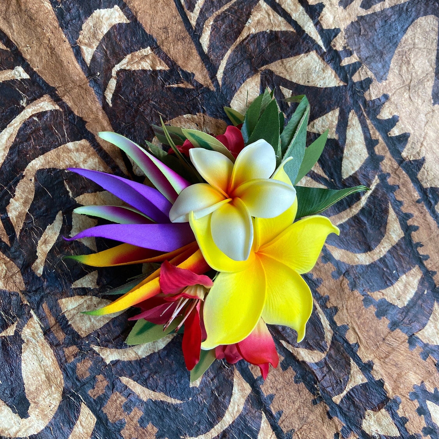 Hawaiian Hair Clip Tahitian Adornment Aparima Ahuroa Statement Piece Sunrise Sunset Twin Plumeria Vintage Tropical Elegant Hair Pin
