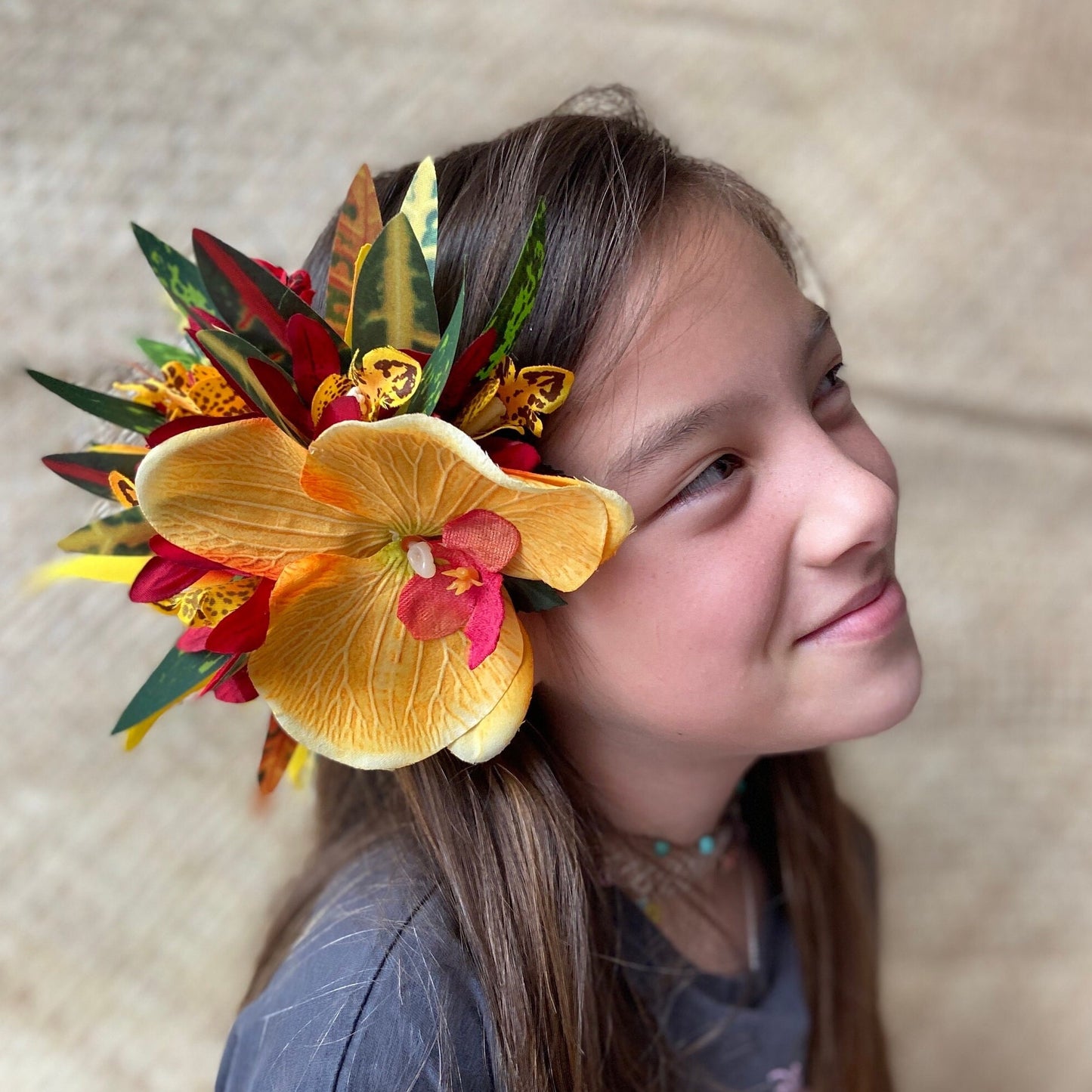 Hawaiian Flower Hair Clip Tahitian Costume Accessories Orchids & Heliconia Artificial Ti Leaf Tropical Hairpin for Aparima Ahuroa Otea Solo
