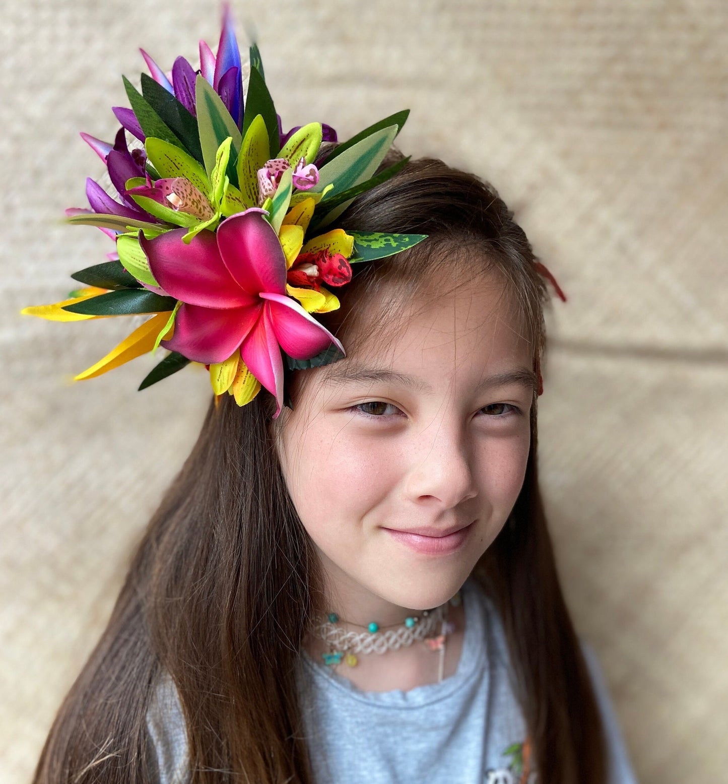 Hawaiian Hair Clip Tahitian Adornment Aparima Ahuroa Statement Piece Plumeria Orchid Bird of Paradise Artificial Ti Leaf Tropical Hair Pin