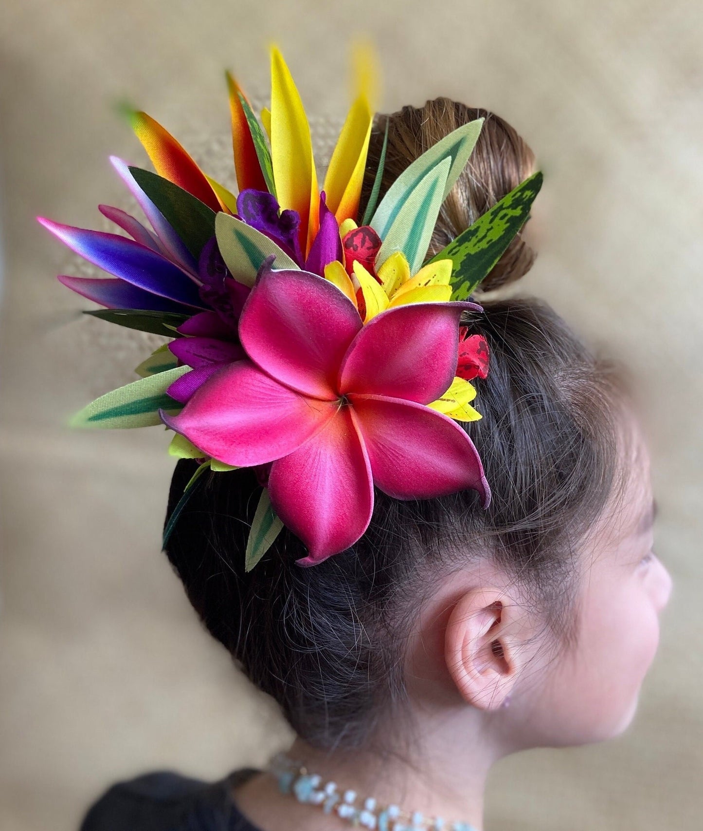 Hawaiian Hair Clip Tahitian Adornment Aparima Ahuroa Statement Piece Plumeria Orchid Bird of Paradise Artificial Ti Leaf Tropical Hair Pin