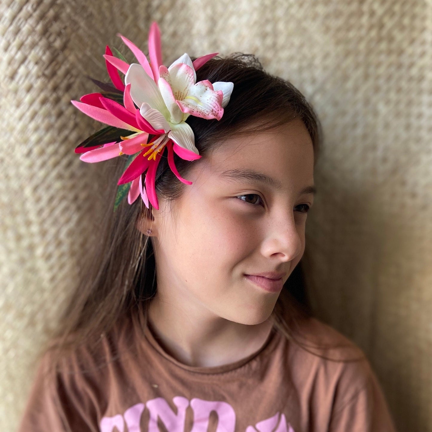 Hawaiian Flower Hair Clip Tahitian Costume Accessories Orchid & Spider Lily Artificial Ti Leaf Tropical Hairpin for Aparima Ahuroa Otea Solo