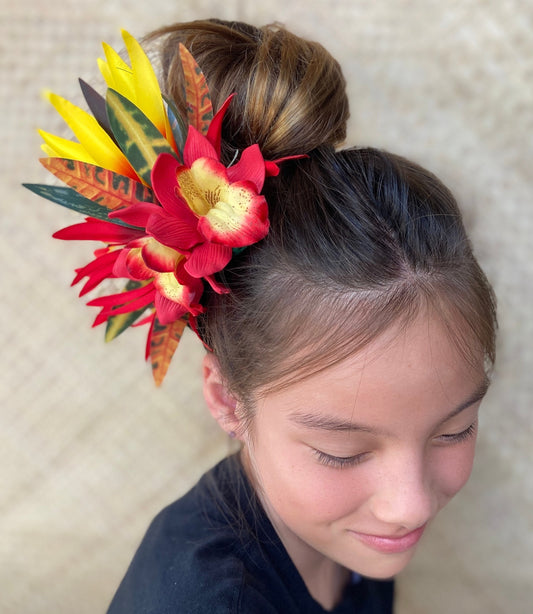 Royal Hawaiian Orchid Hair Clip Tahitian Headdress Costume Aparima Ahuroa Statement Piece Spider Lily Floral Artificial Ti Leaf Hairpin