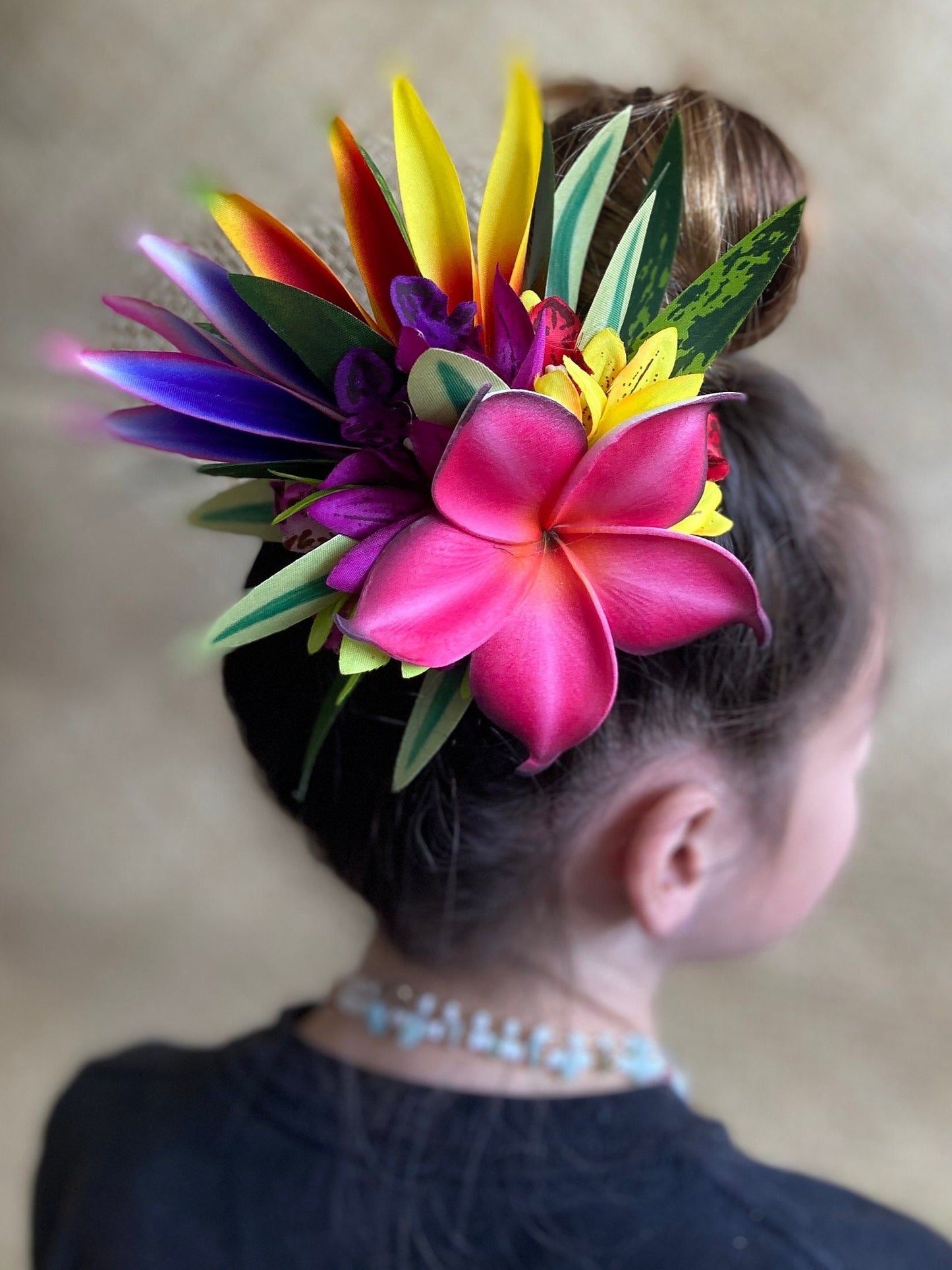 Tahitian Fascinator Hawaiian Hair Clip Aparima Ahuroa Statement Piece Plumeria Orchid Bird of Paradise Artificial Ti Leaf Tropical Hair Pin