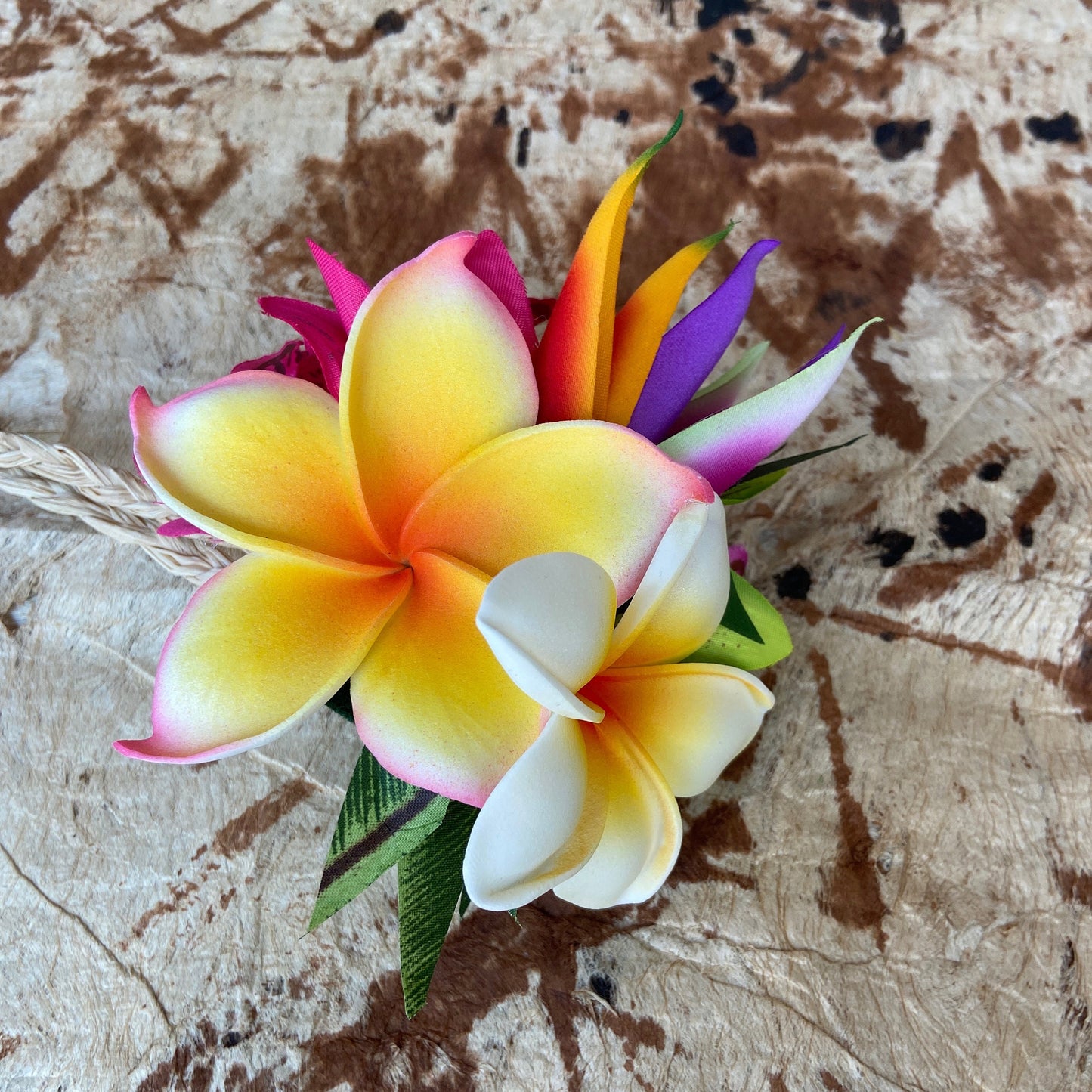 Hawaiian Hair Clip Tahitian Adornment Aparima Ahuroa Statement Piece Sunrise Sunset Twin Plumeria Vintage Tropical Elegant Hair Pin