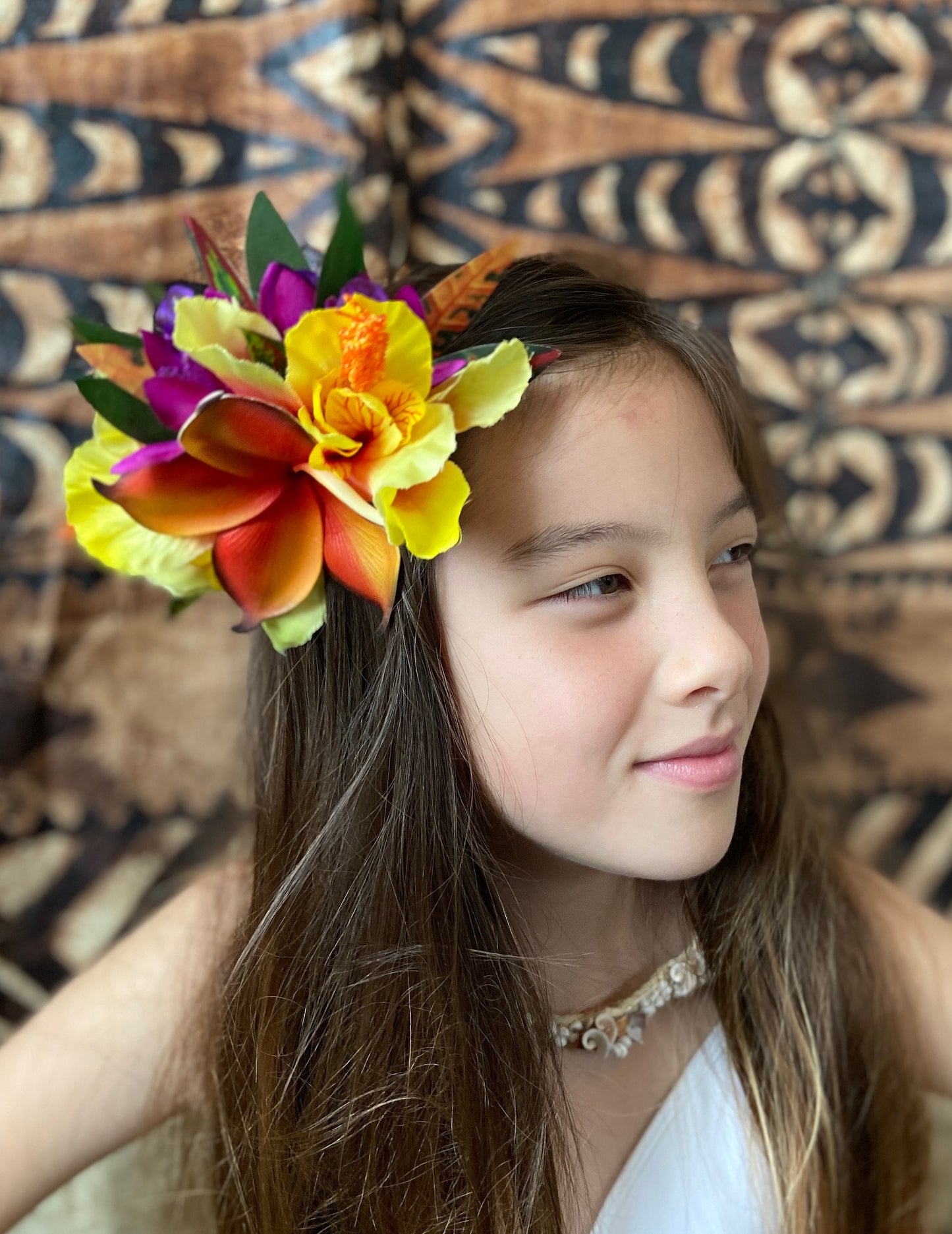 Hawaiian Hair Clip Fascinator Tahitian Aparima or Ahuroa Statement Piece Plumeria & Royal Polynesian Hibiscus Tropical Artificial Ti Leaf