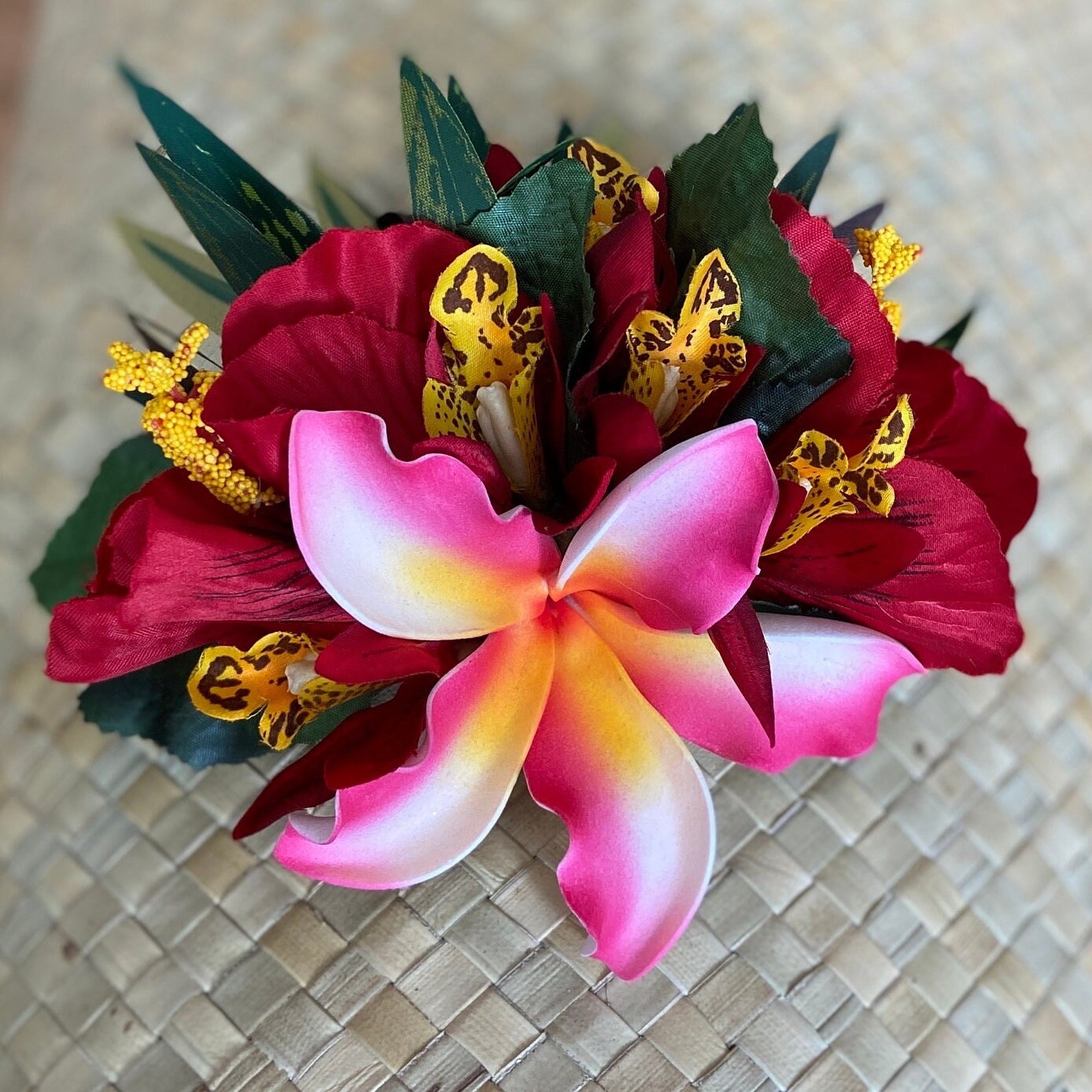 Hawaiian Hair Clip Tahitian Adornment Aparima Ahuroa Statement Piece Plumeria and Royal Polynesian Hibiscus Tropical Artificial Ti Leaf