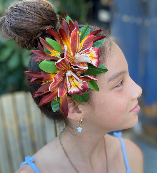 Royal Hawaiian Orchid Hair Clip Tahitian Headdress Costume Aparima Ahuroa Statement Piece Spider Lily Floral Artificial Ti Leaf Hairpin