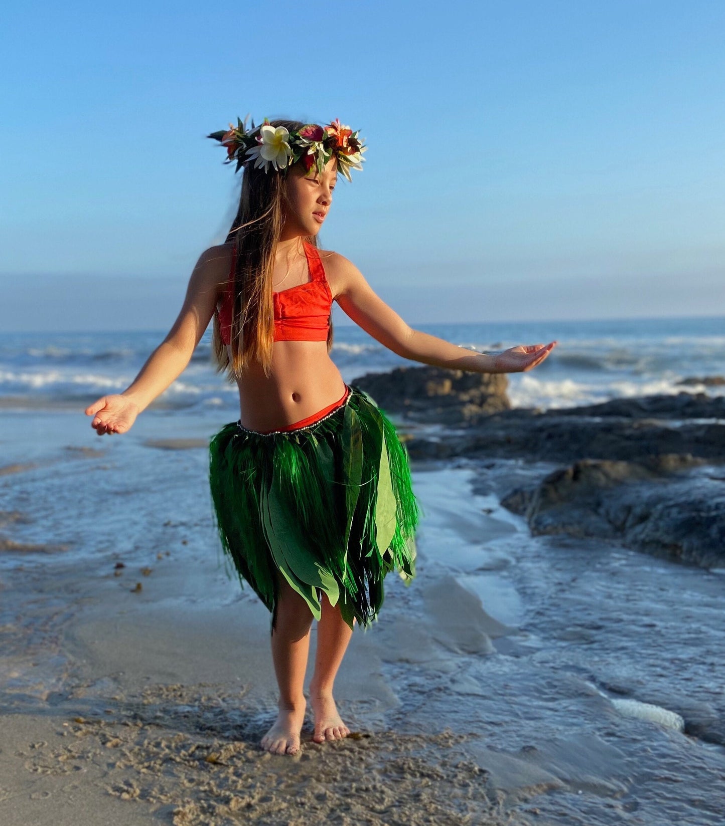 Keiki Silk Ti Leaf Skirt with Hawaiian Hau Mor'e Champion Grade Tamarii Premium Competition Quality Hula Kahiko Professional Photography