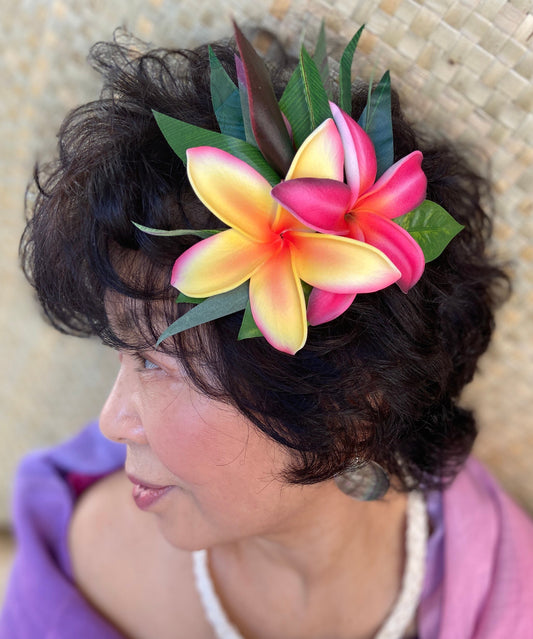 Hawaiian Hair Clip Tahitian Adornment Aparima Ahuroa Statement Piece Sunrise Sunset Twin Plumeria Vintage Tropical Elegant Hair Pin