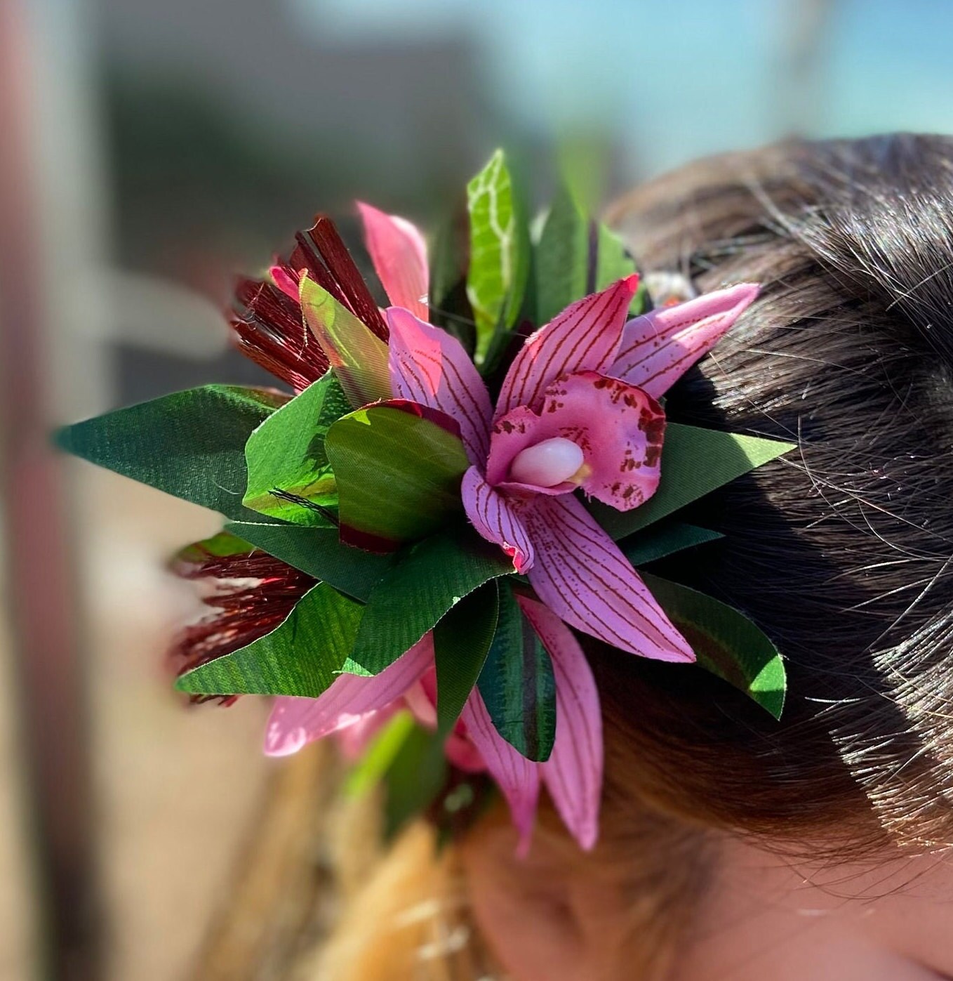 Hawaiian Hair Clip Tahitian Costume Adornment Princess Leopard Orchids & Samoan Hau Fau Hibiscus Fiber Artificial Ti Leaf Tropical Hair Pin