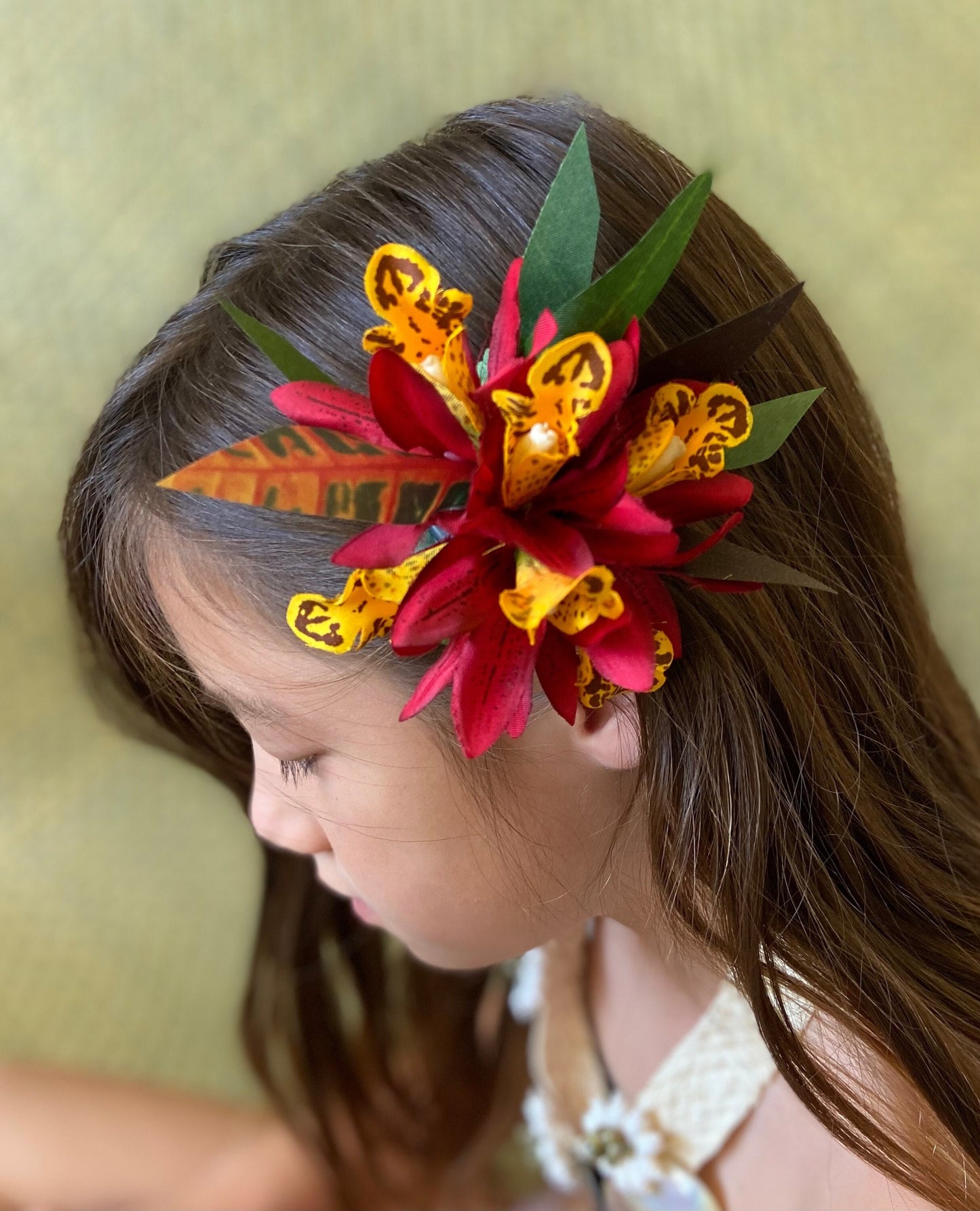 Royal Hawaiian Hair Clip Tahitian Costume Lava Red Orchids & Fire Croton Artificial Silk Ti Leaves Polynesian Dance Haku Lei