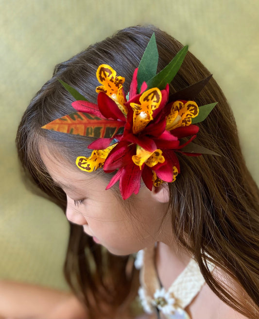 Royal Hawaiian Hair Clip Tahitian Costume Lava Red Orchids & Fire Croton Artificial Silk Ti Leaves Polynesian Dance Haku Lei