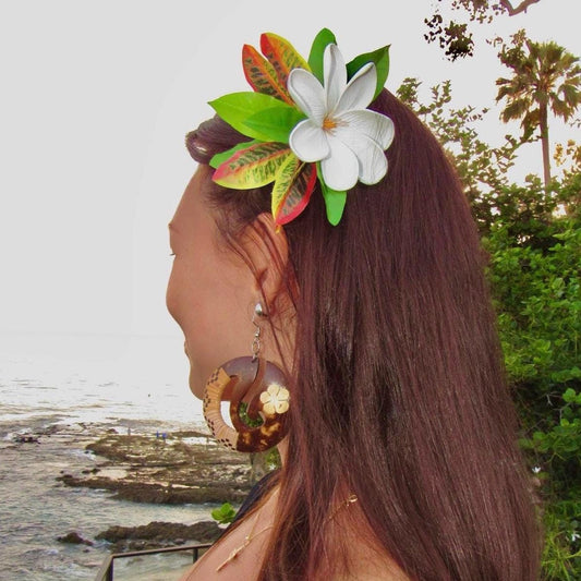 Tiare Tahiti Hair Clip Tahitian Gardenia Costume Accessories Maile & Croton Leaf Tropical Hairpin for Luau Mehura Aparima Ahuroa Otea Solo