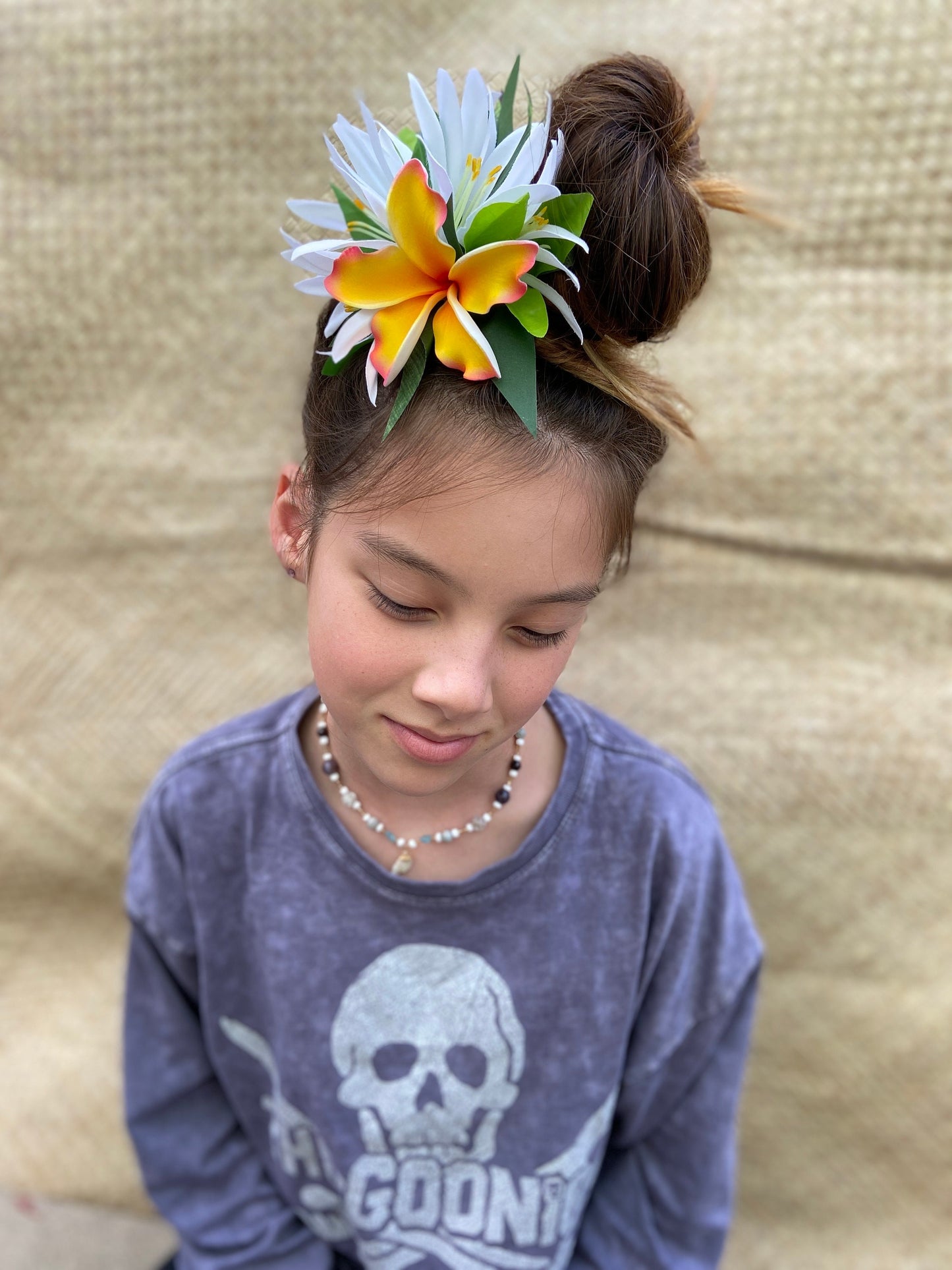 Ruffled Hawaiian Plumeria Hair Clip Tahitian Headdress Costume Aparima Ahuroa Statement Piece Croton Maile Floral Artificial Ti Leaf Hairpin