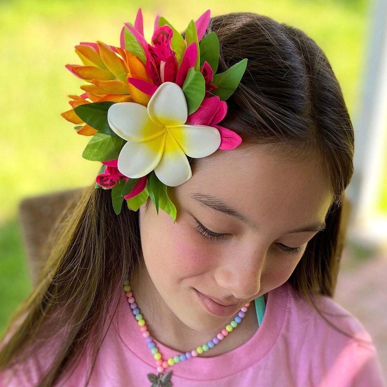 Hawaiian Ginger Plumeria Hair Clip Tahitian Headdress Costume Aparima Ahuroa Statement Piece Bridal Plumeria Artificial Ti Leaf Hair Pin