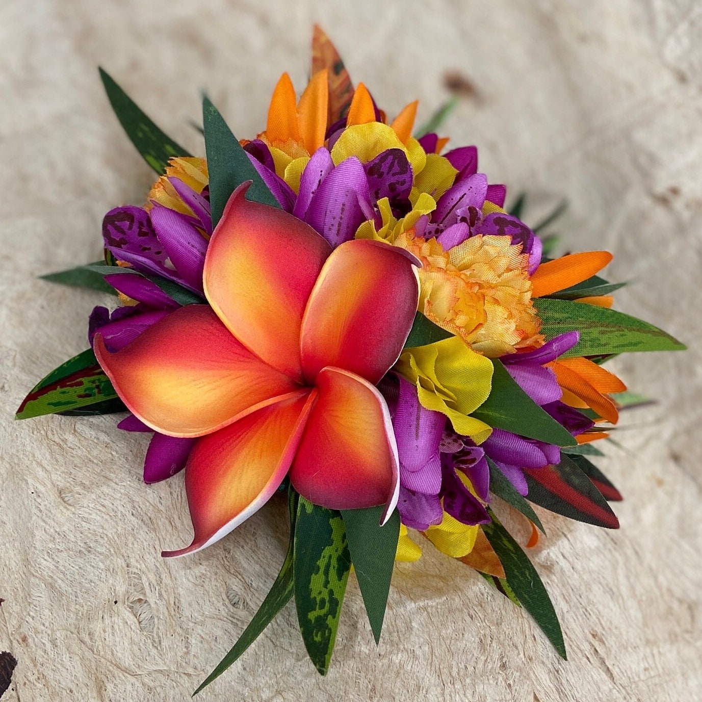 Hawaiian Hair Clip Tahitian Adornment Aparima Ahuroa Statement Piece Plumeria and Royal Polynesian Hibiscus Tropical Artificial Ti Leaf