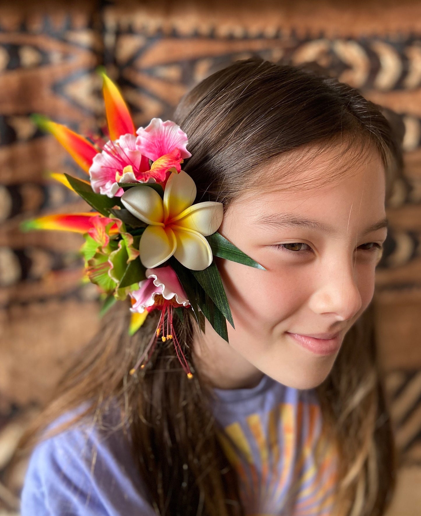 Hawaiian Ohai Ali’i Hair Clip Tahitian Headdress Costume Aparima Ahuroa Statement Piece Bridal Plumeria Artificial Ti Leaf Hair Pin