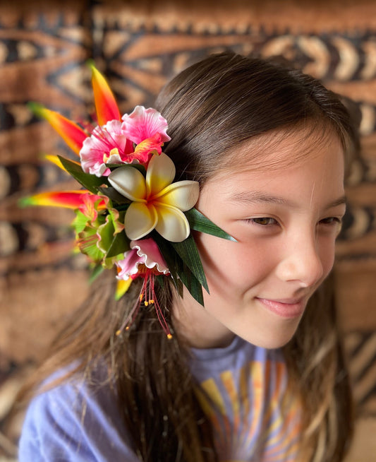 Hawaiian Ohai Ali’i Hair Clip Tahitian Headdress Costume Aparima Ahuroa Statement Piece Bridal Plumeria Artificial Ti Leaf Hair Pin