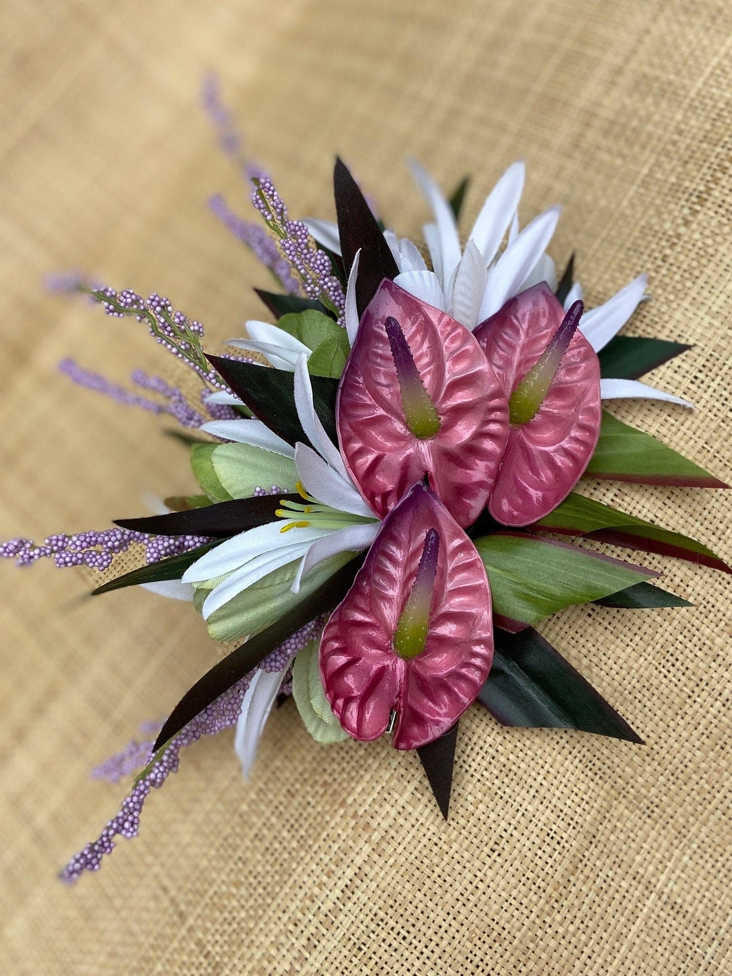 Petunia Pink Princess Anthurium Hair Clip Tahitian Headdress Costume Aparima Ahuroa Hula Statement Piece Bridal Plumeria Fascinator Hair Pin