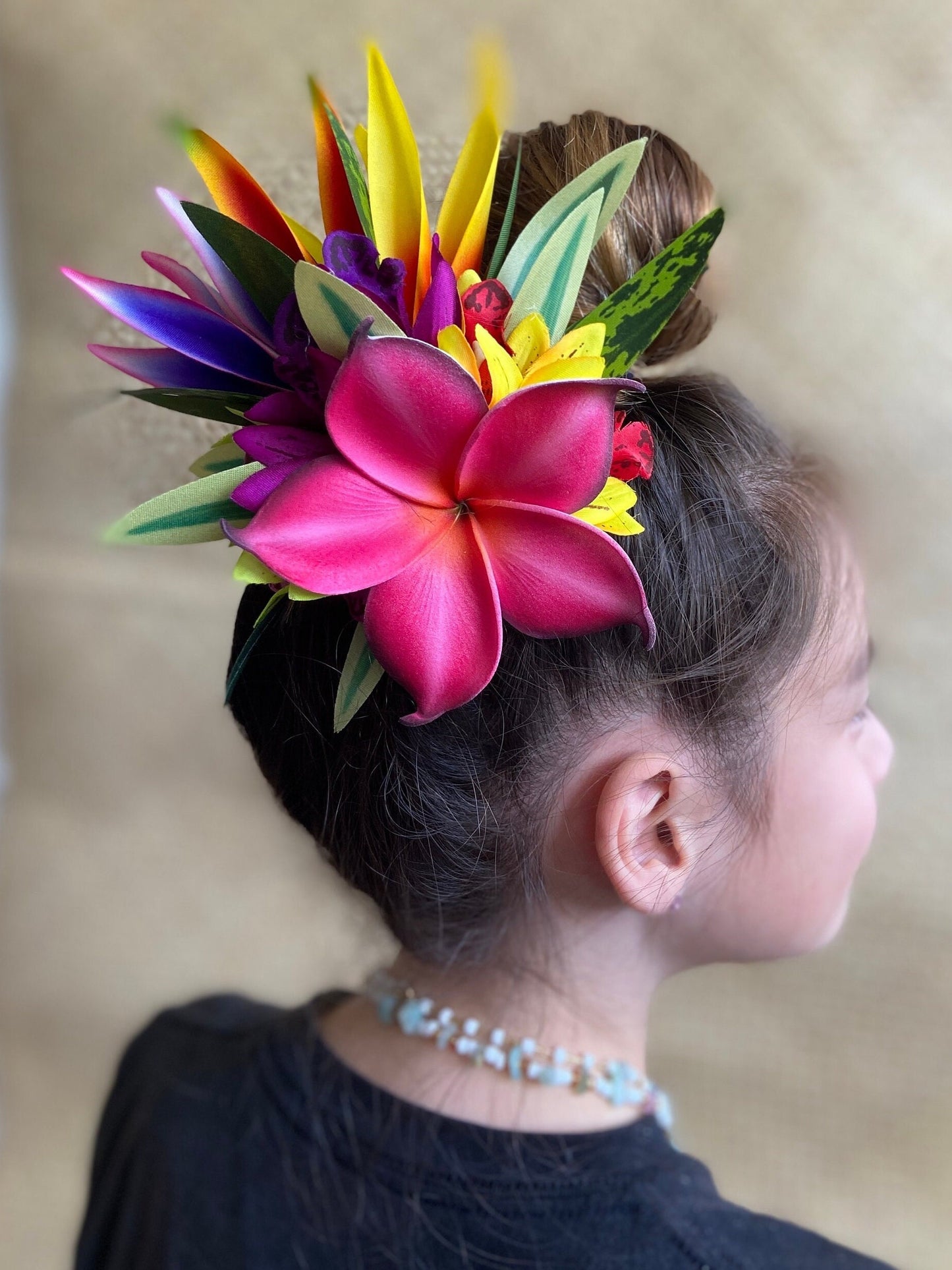Tahitian Fascinator Hawaiian Hair Clip Aparima Ahuroa Statement Piece Plumeria Orchid Bird of Paradise Artificial Ti Leaf Tropical Hair Pin