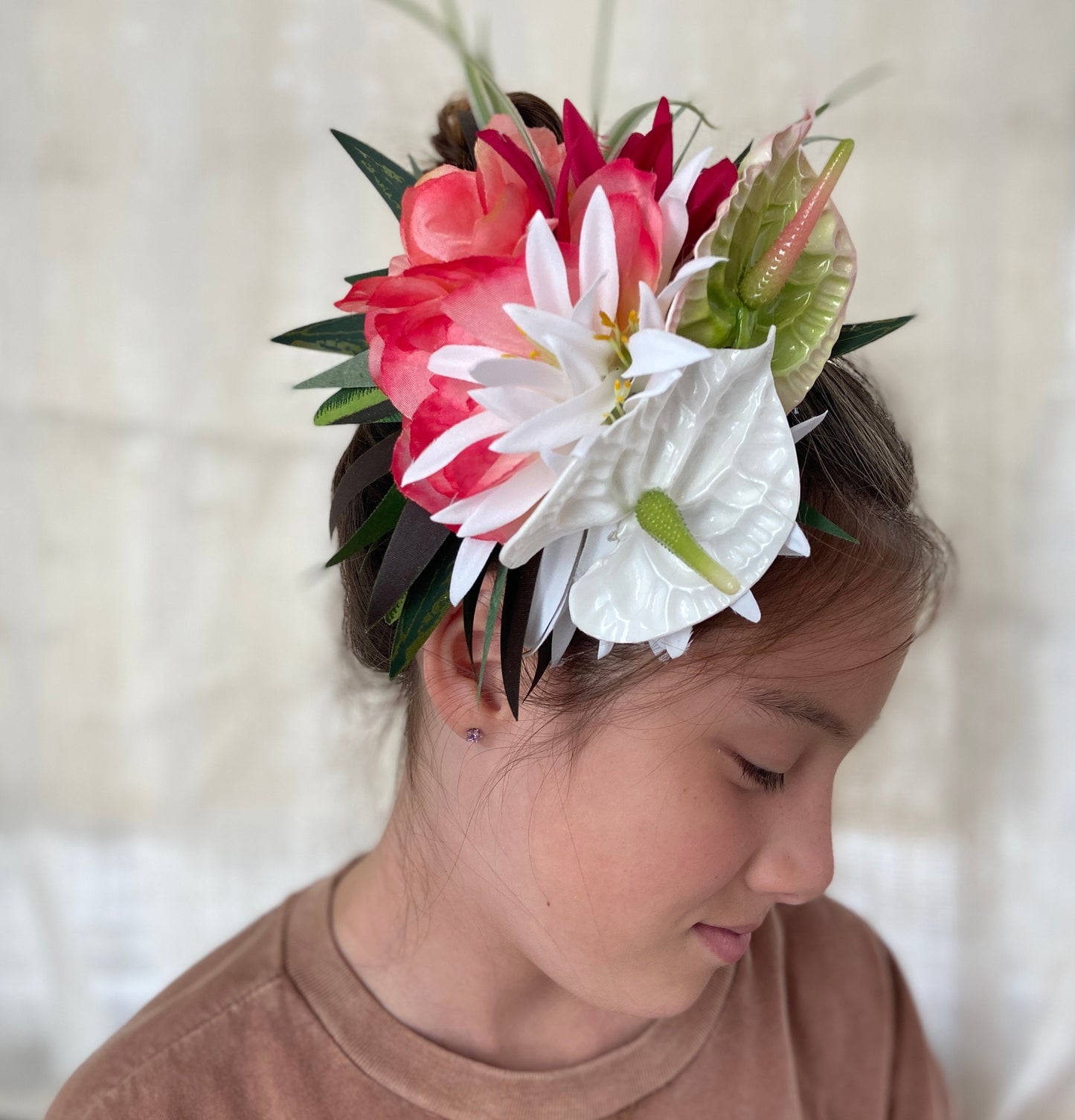 Royal Sunset Anthurium Hair Clip Tahitian Headdress Costume for Aparima Ahuroa Hula Statement Piece Bridal Plumeria Fascinator Hair Pin