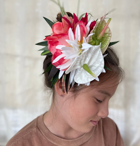 Royal Sunset Anthurium Hair Clip Tahitian Headdress Costume for Aparima Ahuroa Hula Statement Piece Bridal Plumeria Fascinator Hair Pin