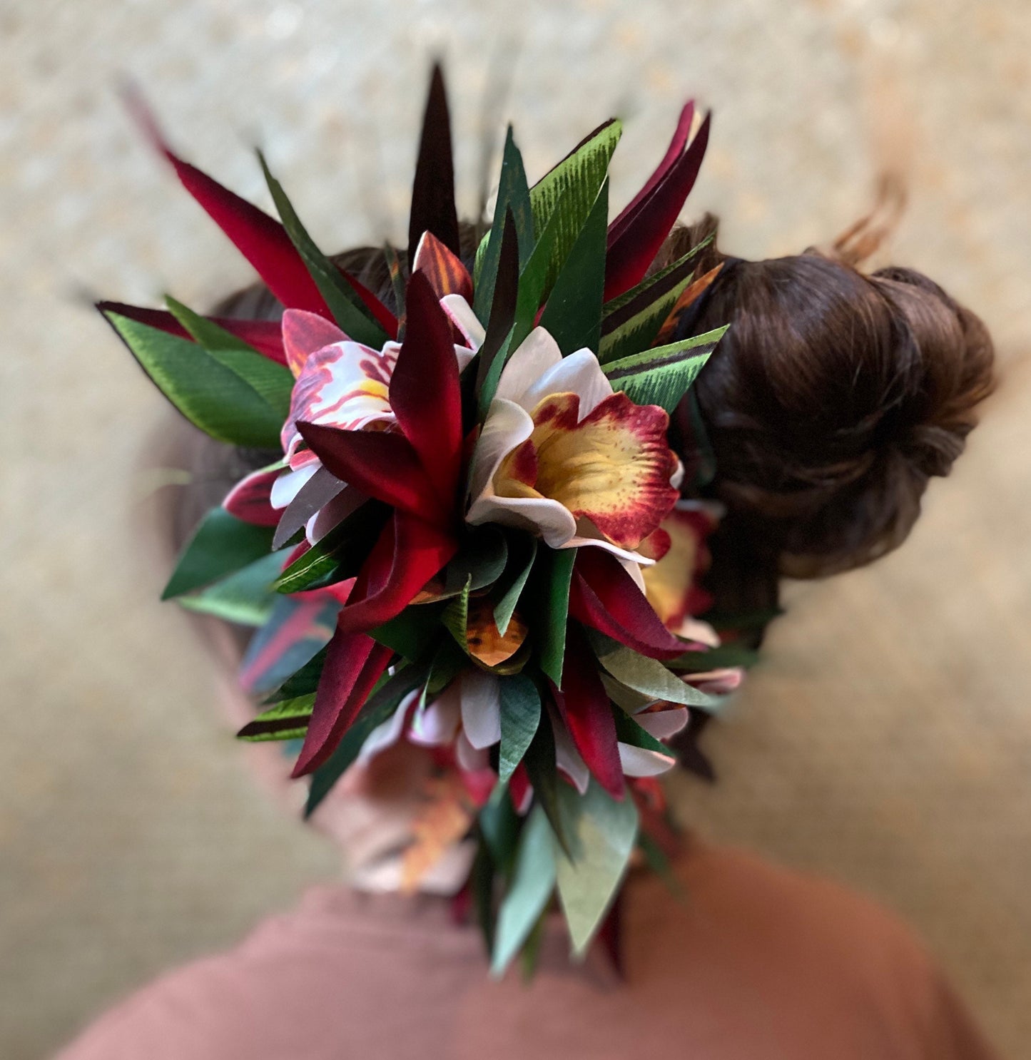 Hawaiian Queen Orchid Hair Clip Tahitian Headdress Costume Aparima Ahuroa Statement Piece Bird of Paradise Floral Artificial Ti Leaf Hairpin