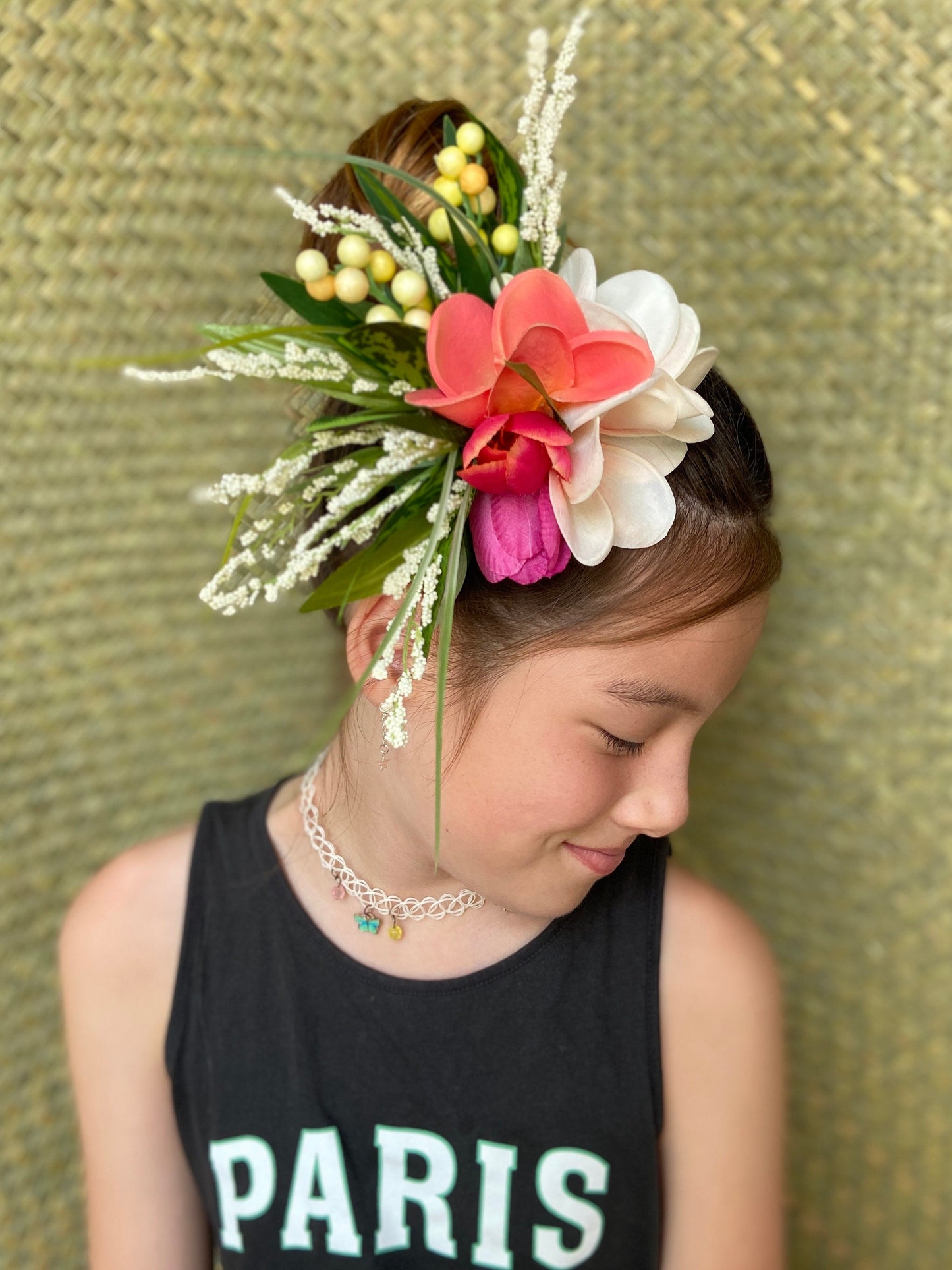 Hawaiian Plumeria Tulip Pixie Bride Graduation Hair Clip Tahitian Aparima Ahuroa Statement Piece Bridal Artificial Ti Leaf Hair Pin