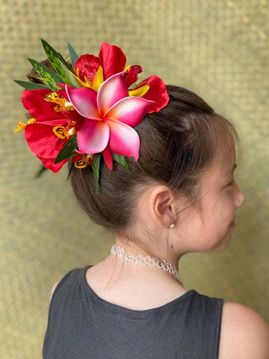 Hawaiian Hair Clip Tahitian Adornment Aparima Ahuroa Statement Piece Plumeria and Royal Polynesian Hibiscus Tropical Artificial Ti Leaf