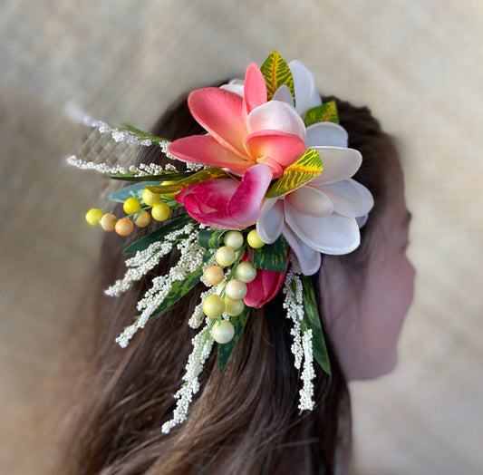 Hawaiian Plumeria Tulip Pixie Bride Graduation Hair Clip Tahitian Aparima Ahuroa Statement Piece Bridal Artificial Ti Leaf Hair Pin