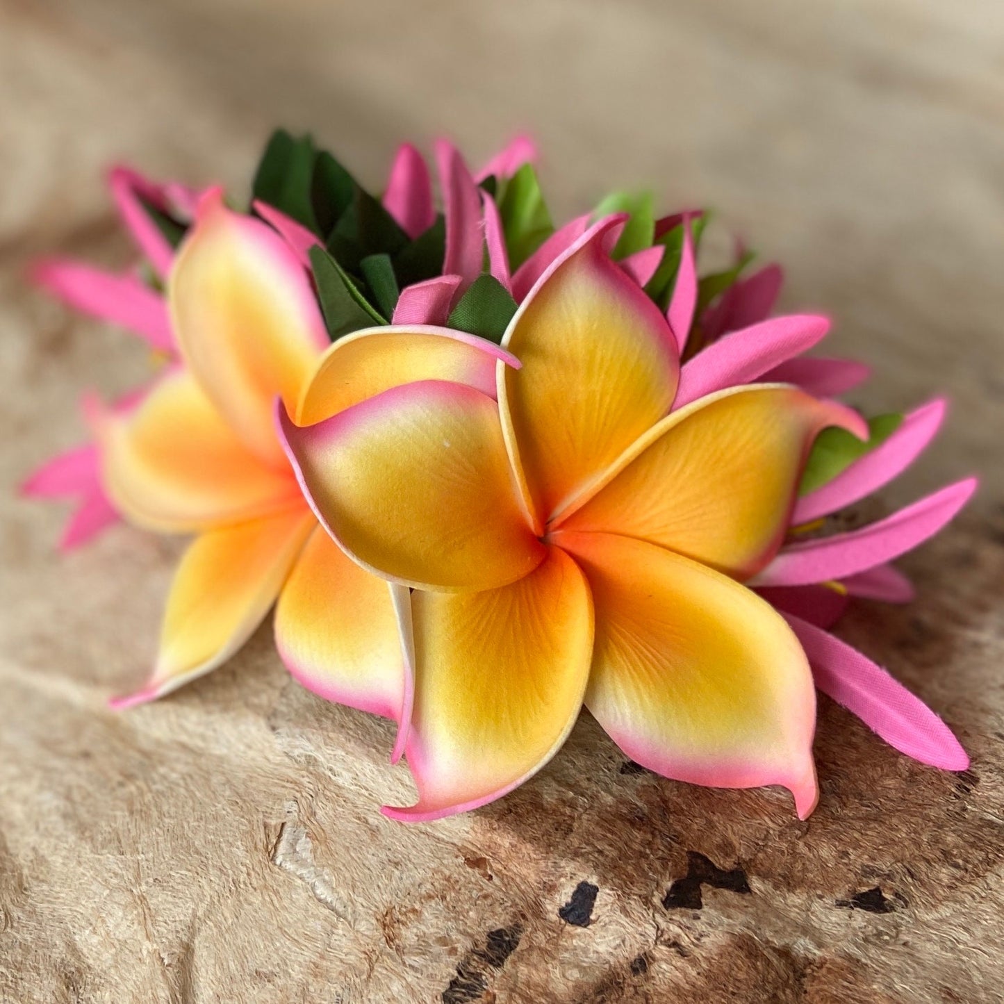 Double Hawaiian Plumeria Hair Clip Tahitian Headdress Costume Aparima Ahuroa Statement Piece Croton Maile Floral Artificial Ti Leaf Hairpin