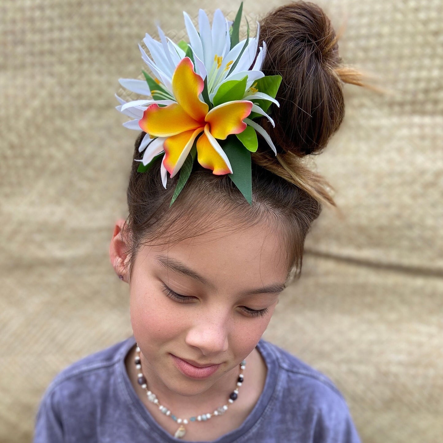 Ruffled Hawaiian Plumeria Hair Clip Tahitian Headdress Costume Aparima Ahuroa Statement Piece Croton Maile Floral Artificial Ti Leaf Hairpin