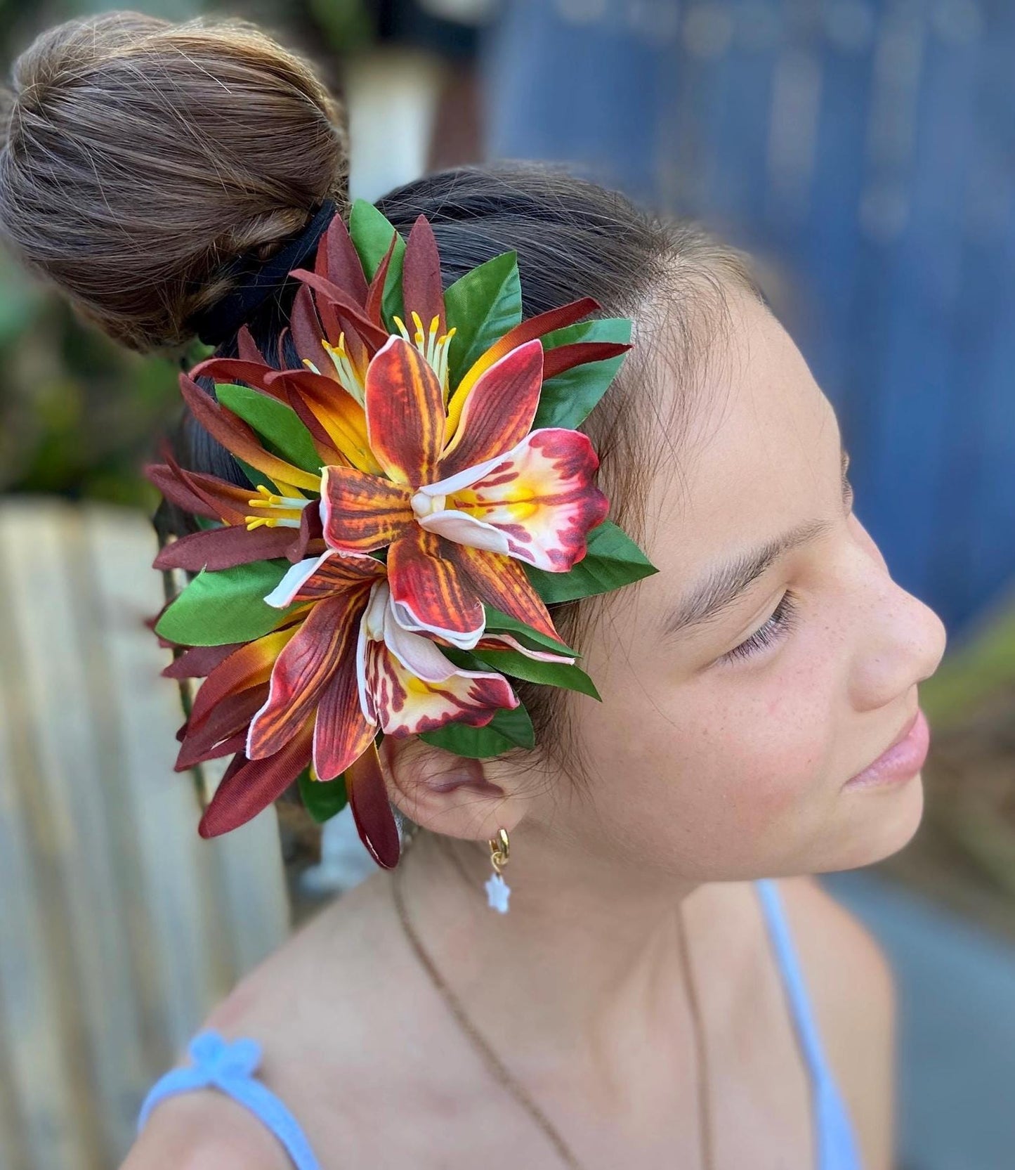 Royal Hawaiian Orchid Hair Clip Tahitian Headdress Costume Aparima Ahuroa Statement Piece Spider Lily Floral Artificial Ti Leaf Hairpin