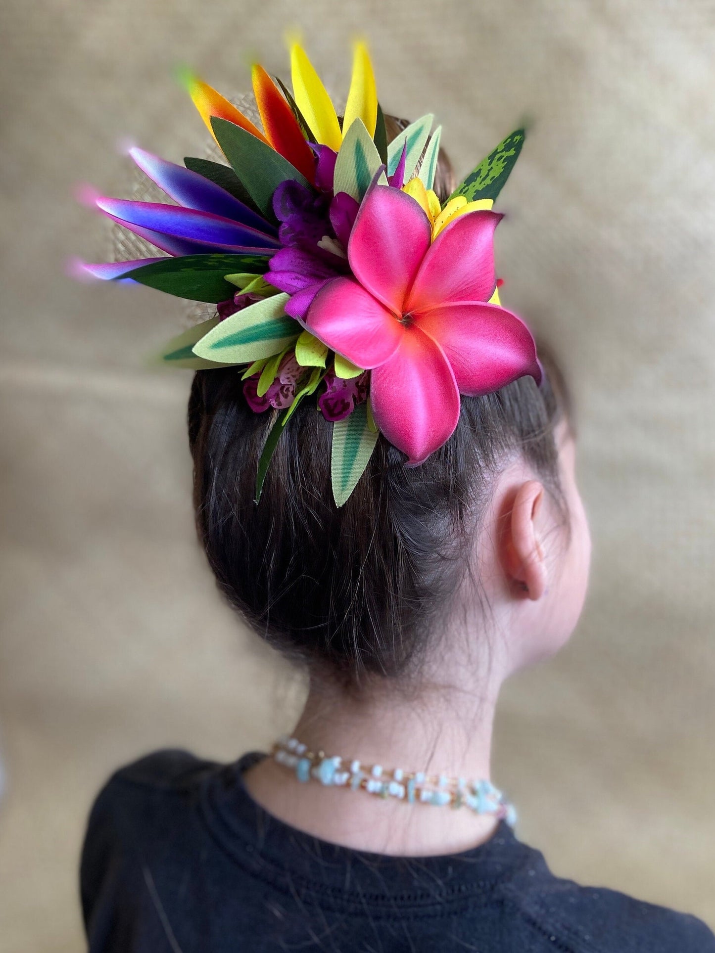 Tahitian Fascinator Hawaiian Hair Clip Aparima Ahuroa Statement Piece Plumeria Orchid Bird of Paradise Artificial Ti Leaf Tropical Hair Pin
