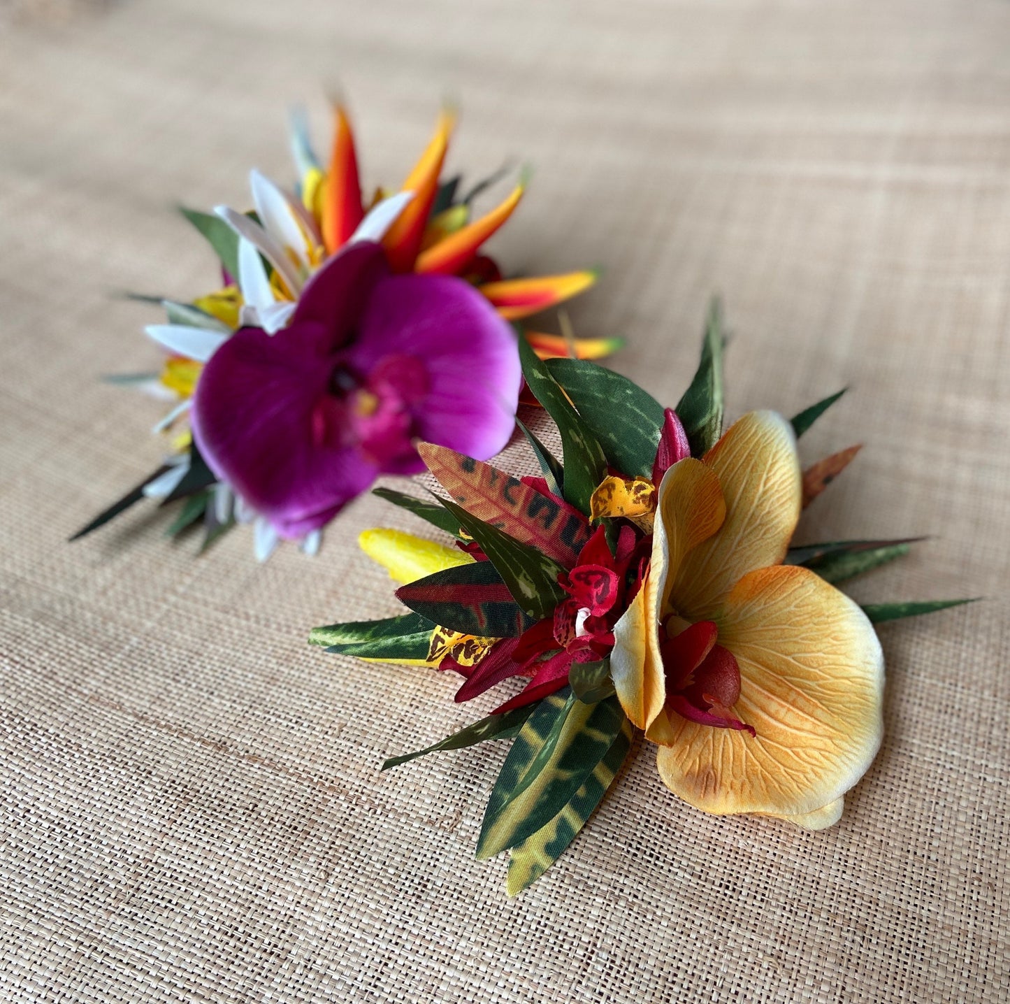 Hawaiian Flower Hair Clip Tahitian Costume Accessories Orchids & Heliconia Artificial Ti Leaf Tropical Hair Pin
