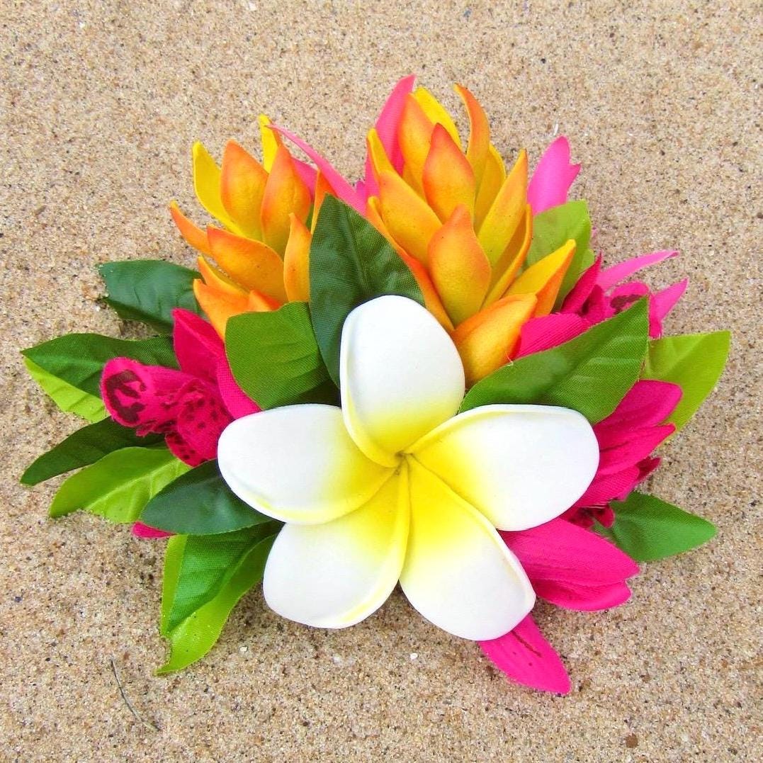 Hawaiian Ginger Plumeria Hair Clip Tahitian Headdress Costume Aparima Ahuroa Statement Piece Bridal Plumeria Artificial Ti Leaf Hair Pin