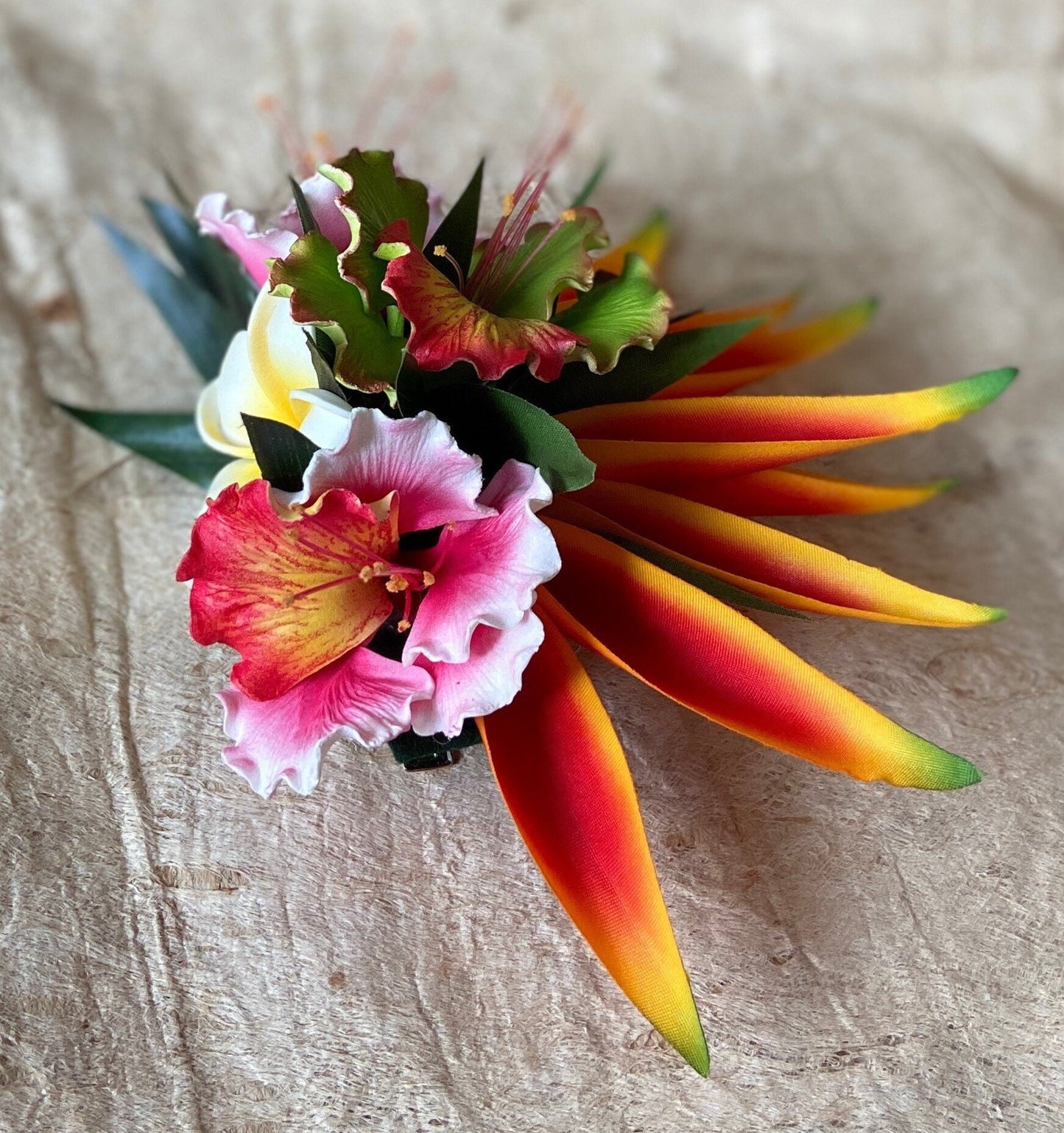 Hawaiian Ohai Ali’i Hair Clip Tahitian Headdress Costume Aparima Ahuroa Statement Piece Bridal Plumeria Artificial Ti Leaf Hair Pin