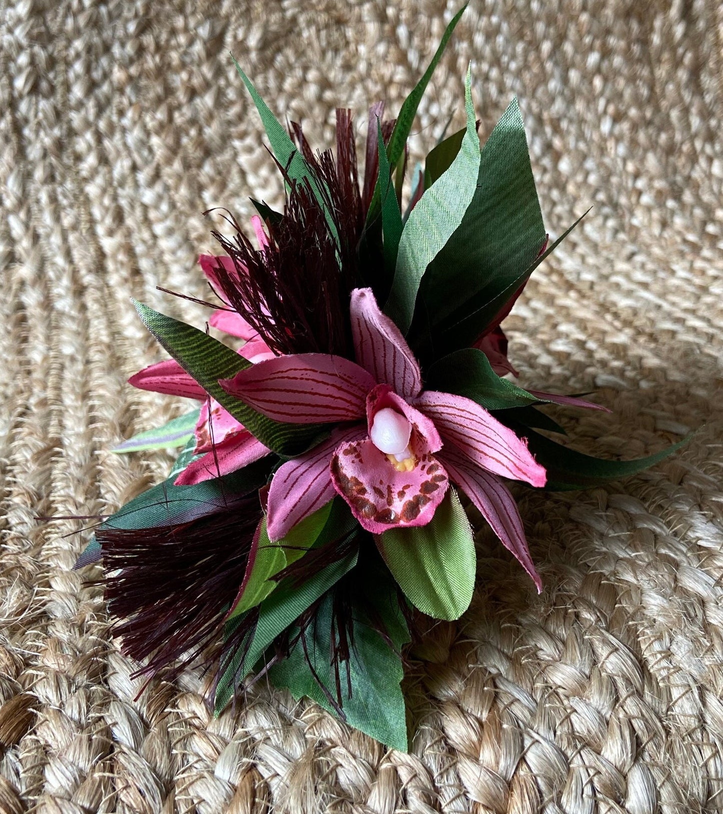 Hawaiian Hair Clip Tahitian Costume Adornment Princess Leopard Orchids & Samoan Hau Fau Hibiscus Fiber Artificial Ti Leaf Tropical Hair Pin