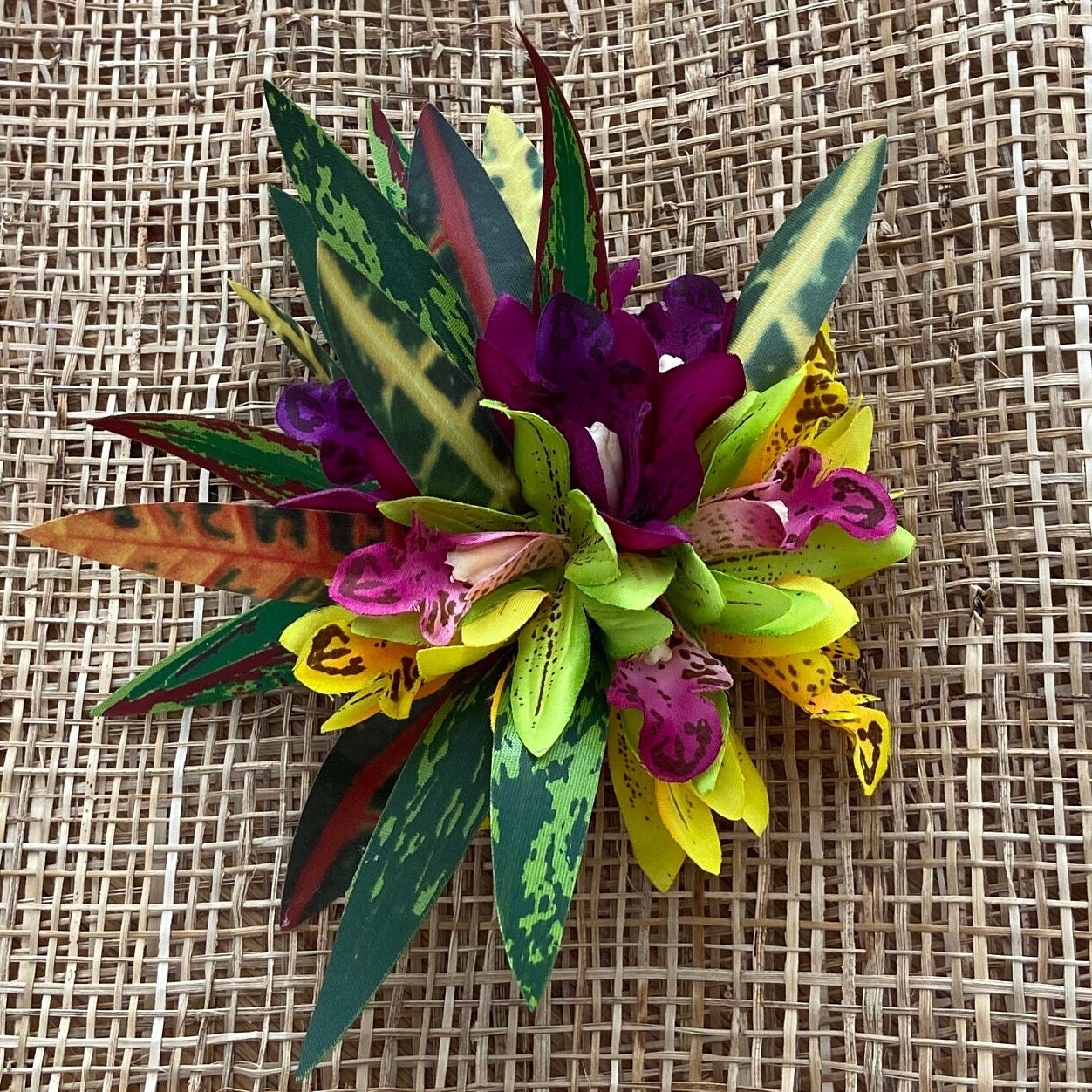 Hawaiian Hair Clip Tahitian Costume Orchids & Fire Croton Artificial Silk Ti Leaves Polynesian Dance Haku Lei Heiva Headdress Flower Crown