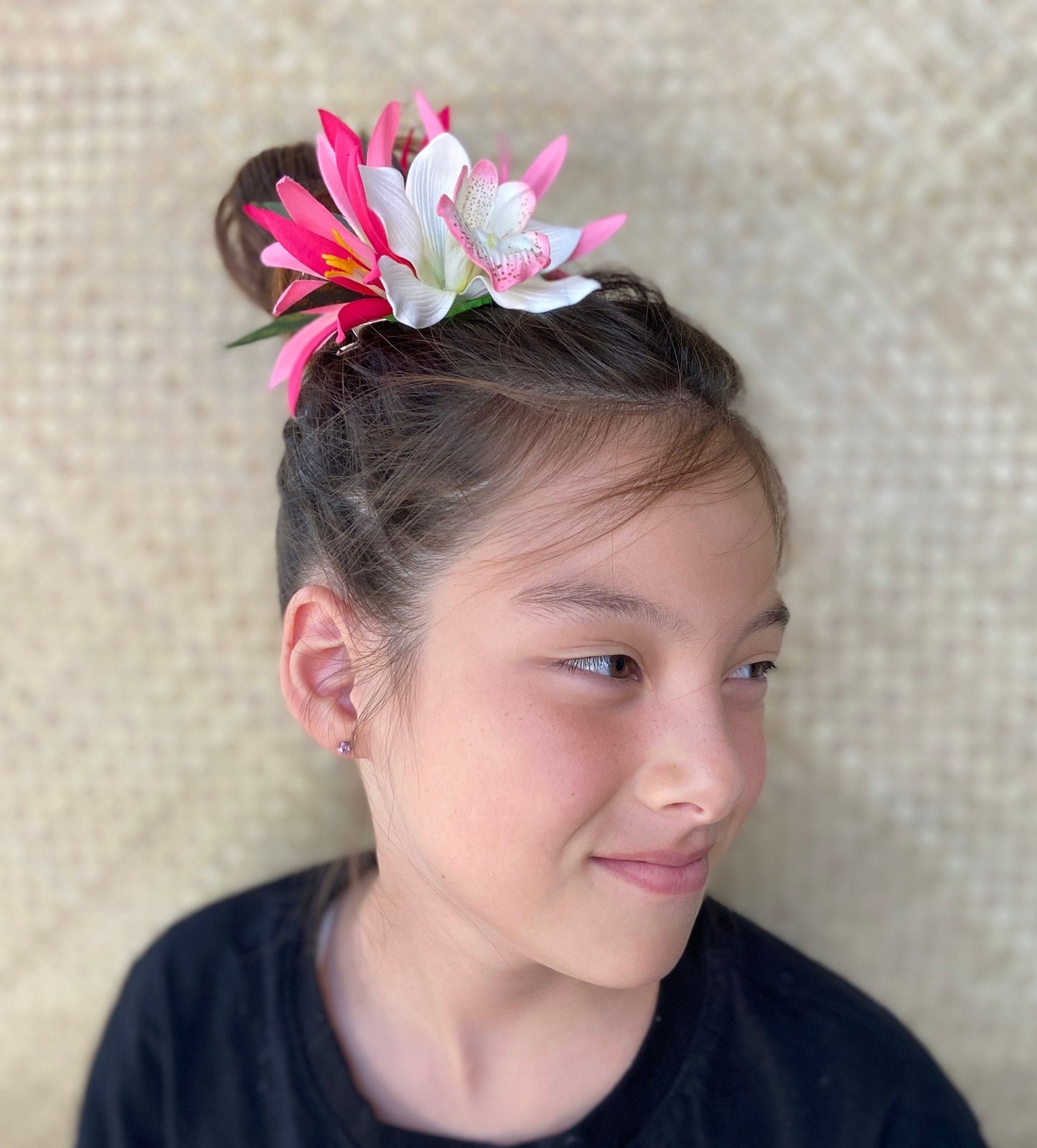 Hawaiian Flower Hair Clip Tahitian Costume Accessories Orchid & Spider Lily Artificial Ti Leaf Tropical Hairpin for Aparima Ahuroa Otea Solo