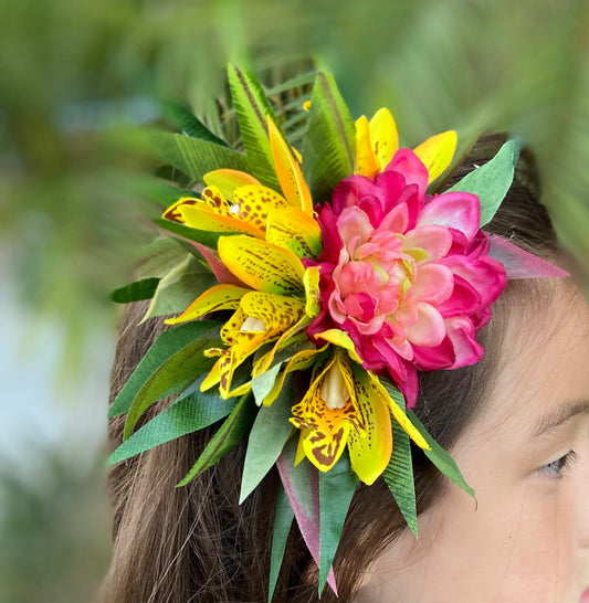 Hawaiian Hair Clip Tahitian Costume Hair Adornment Dahlia & Golden Leopard Orchids Artificial Ti Leaf Tropical Hair Pin