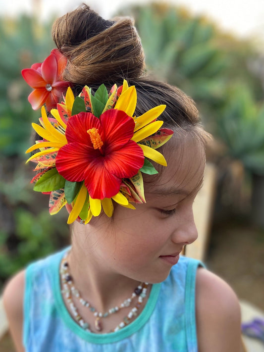 Ruffled Hawaiian Hibiscus Hair Clip Tahitian Headdress Costume Aparima Ahuroa Statement Piece Croton Maile Floral Artificial Ti Leaf Hairpin