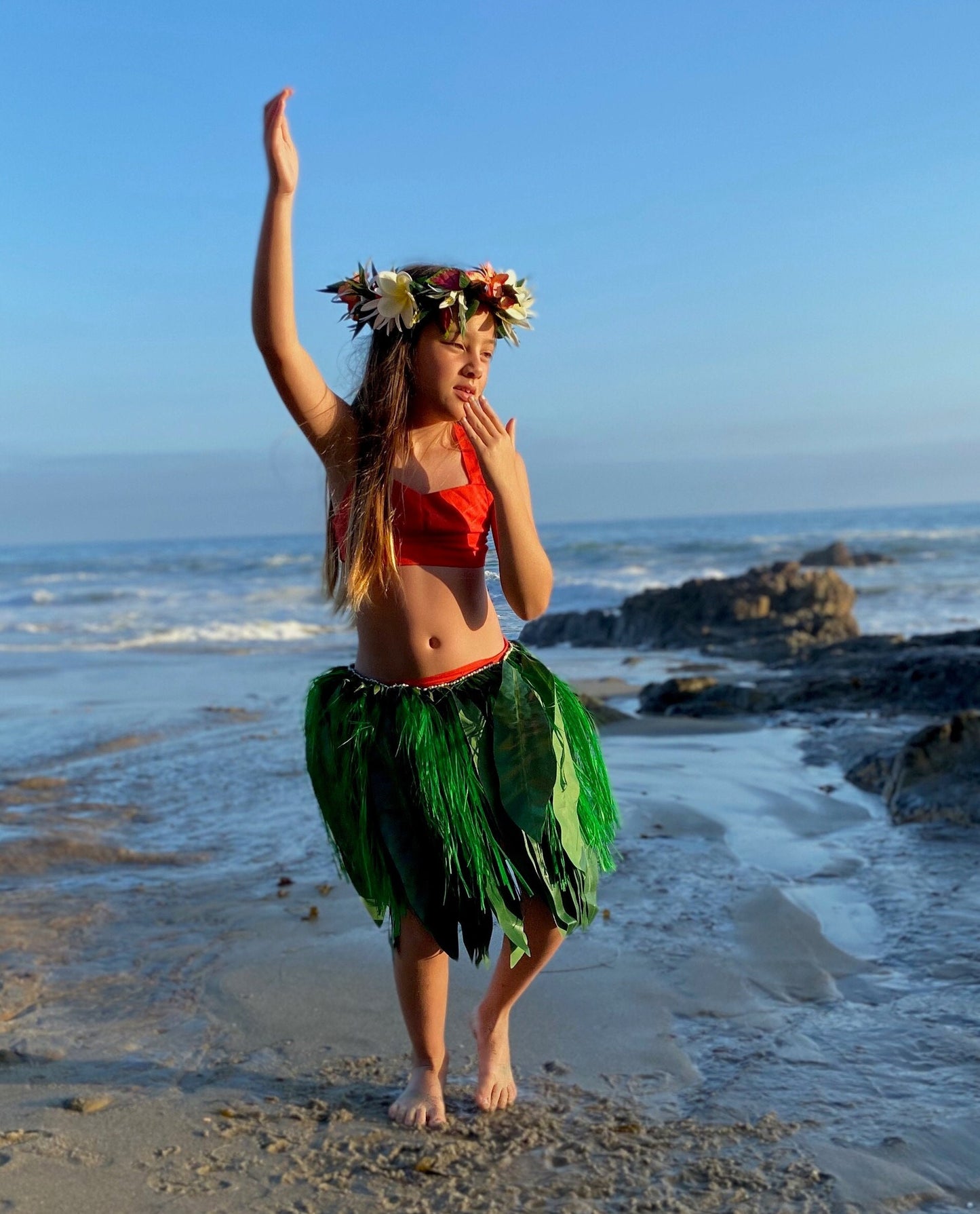 Keiki Silk Ti Leaf Skirt with Hawaiian Hau Mor'e Champion Grade Tamarii Premium Competition Quality Hula Kahiko Professional Photography