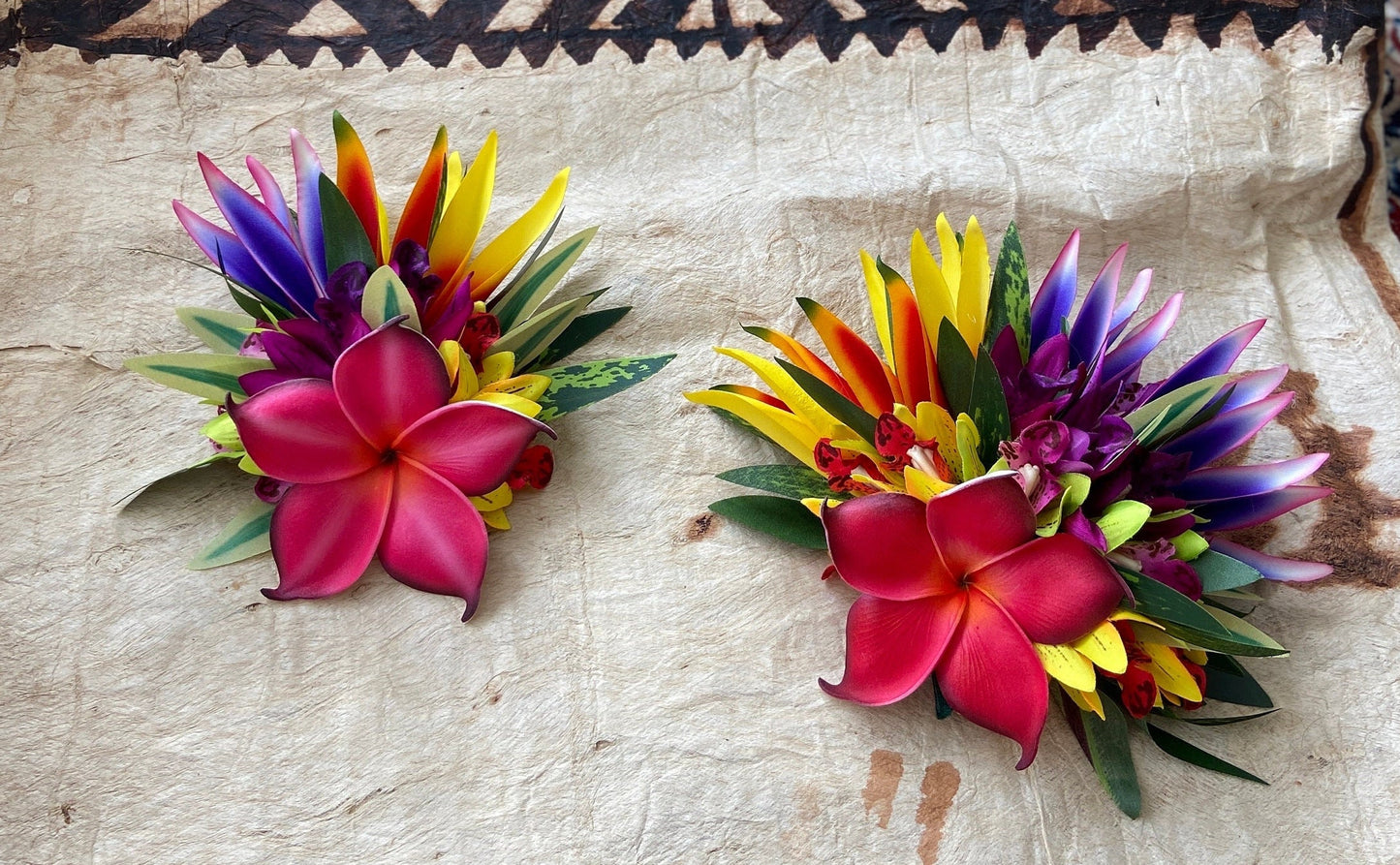 Hawaiian Hair Clip Tahitian Adornment Aparima Ahuroa Statement Piece Plumeria Orchid Bird of Paradise Artificial Ti Leaf Tropical Hair Pin