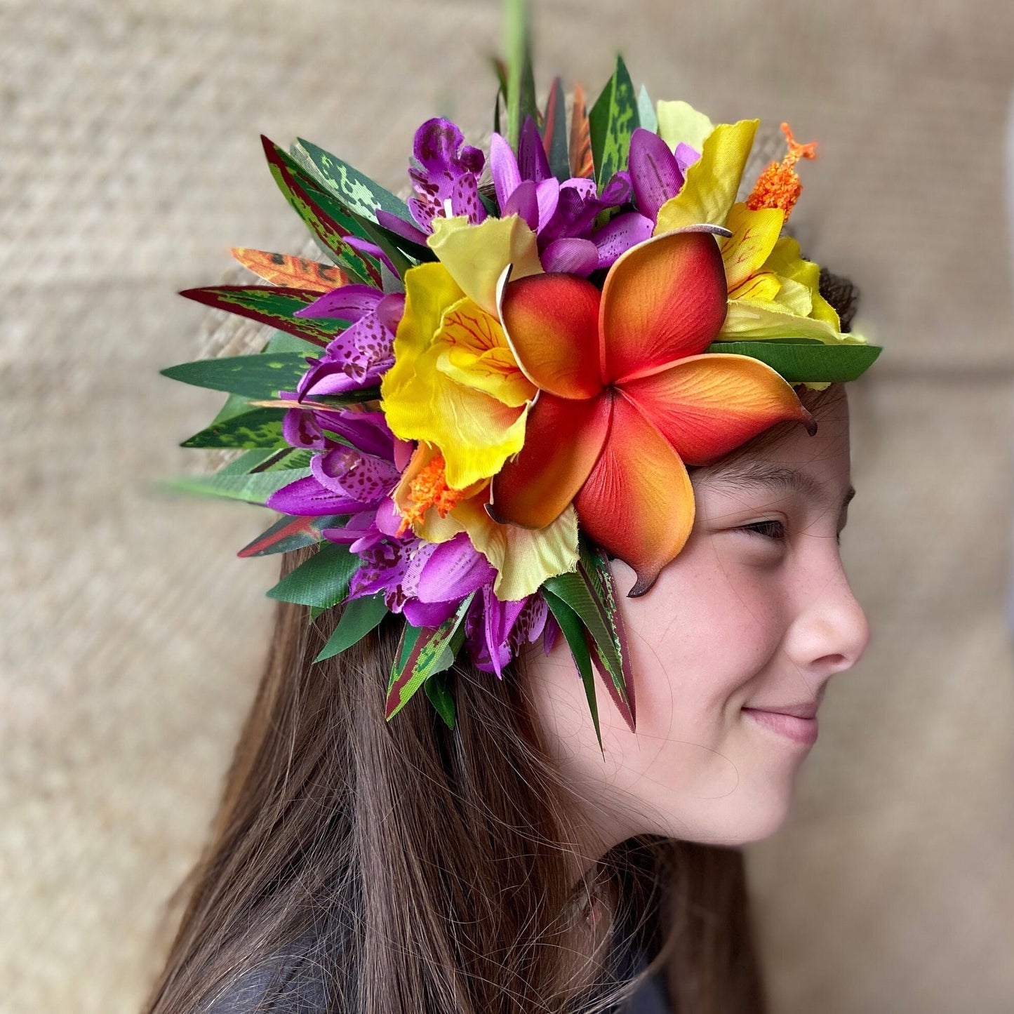Hawaiian Hair Clip Tahitian Adornment Aparima Ahuroa Statement Piece Plumeria and Royal Polynesian Hibiscus Tropical Artificial Ti Leaf